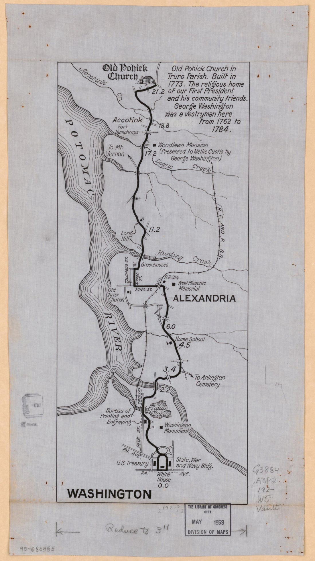 This old map of Route from Washington, D.C. to Old Pohick Church, Accotink, Virginia from 1920 was created by Francis Marion Wigmore in 1920