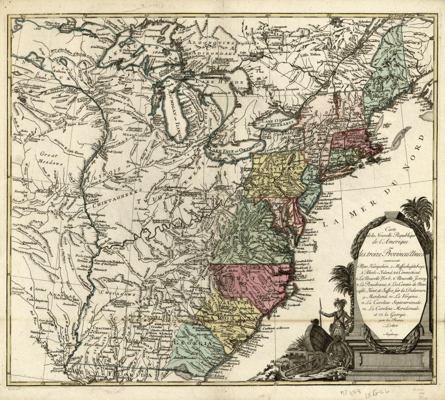 This old map of Island, &amp; 4. Connecticut, 5. La Nouvelle York, 6. Nouvelle Jersey, 7. La Pensilvanie, 8. Les Comtés De Newcastle, Kent, Et Sussex Sur La Delaware, 9. Mariland, 10. La Virginie, 11. La Caroline Septentrionale, 12. La Caroline Méridionale
