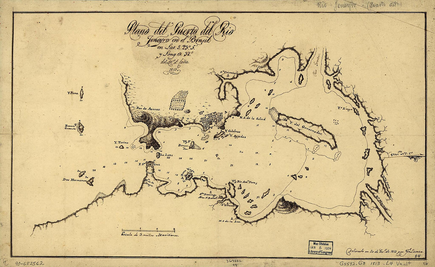 This old map of Plano Del Puerto Del Rio Jeneyro En El Brasil En Lat. S. 23⁰5ʹ Y Long. O. 37⁰ Del Mo. D. Cádiz, from 1813 was created by Jorge Lesada in 1813