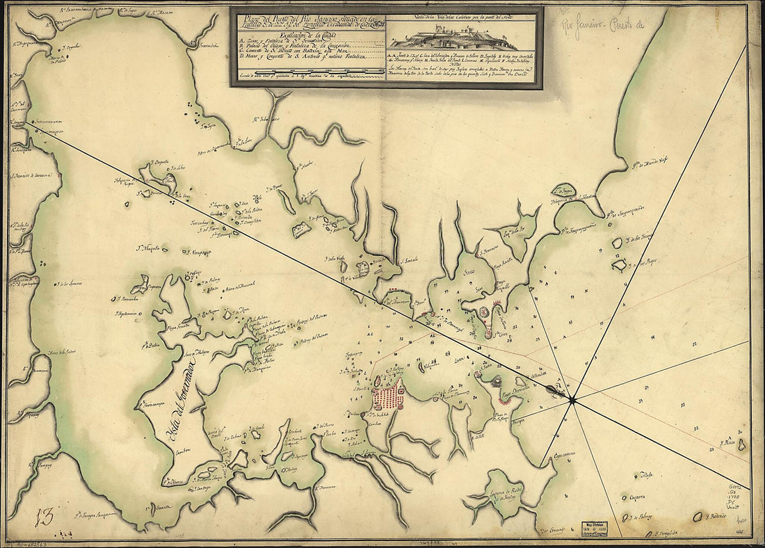 This old map of Plano Del Puerto Del Rio Janeiro Situado En La Latitud S. De 22⁰54ʹ10ʺ Longitud Occidental De Cádiz 36⁰31ʹ from 1780 was created by  in 1780