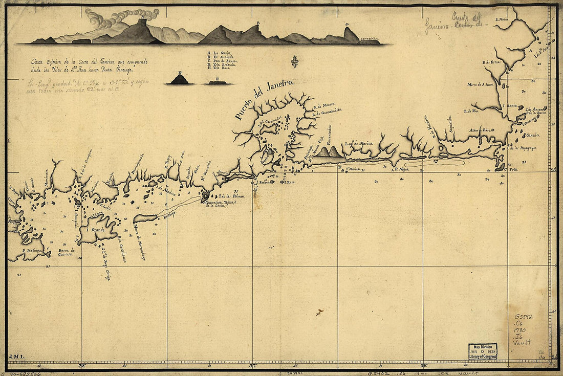 This old map of Carta Esferica De La Costa Del Janeiro, Que Comprende Desde Las Yslas De Sta. Ana Hasta Punta Joatinga from 1780 was created by  J. M. L. in 1780