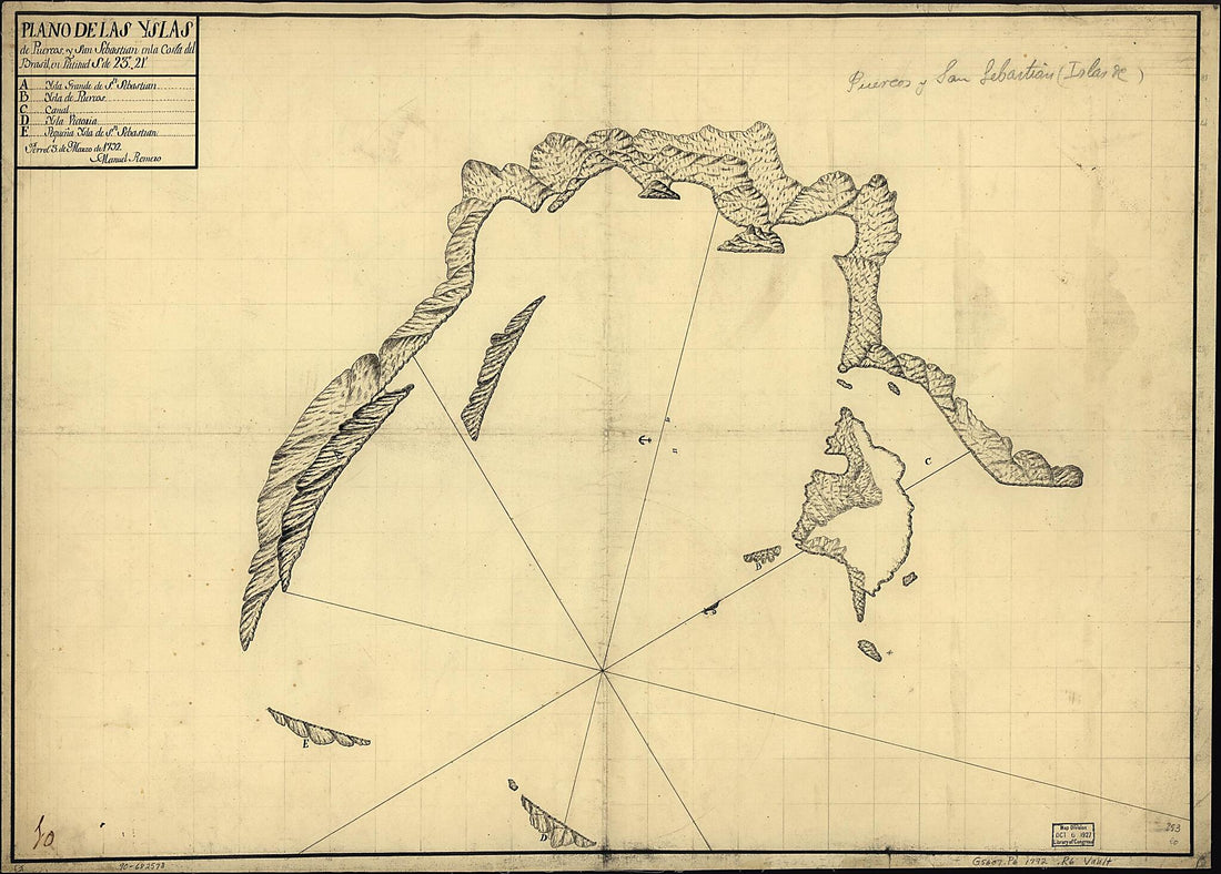 This old map of Plano De Las Yslas De Puercos Y San Sebastian En La Costa Del Brasil En Latitud S. De 23⁰ 21ʹ from 1792 was created by Manuel Romero in 1792