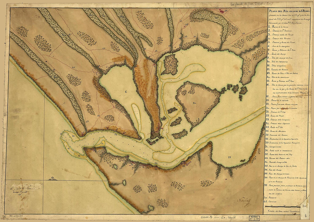 This old map of Plano Del Rio Grande De S. Pedro Situado En La Latitud Sur De 32 Grs. Y En La Longitud De 325 Grs. 45 Mins., Meridiano De Tenerife from 1733 was created by Pedro Garzia in 1733