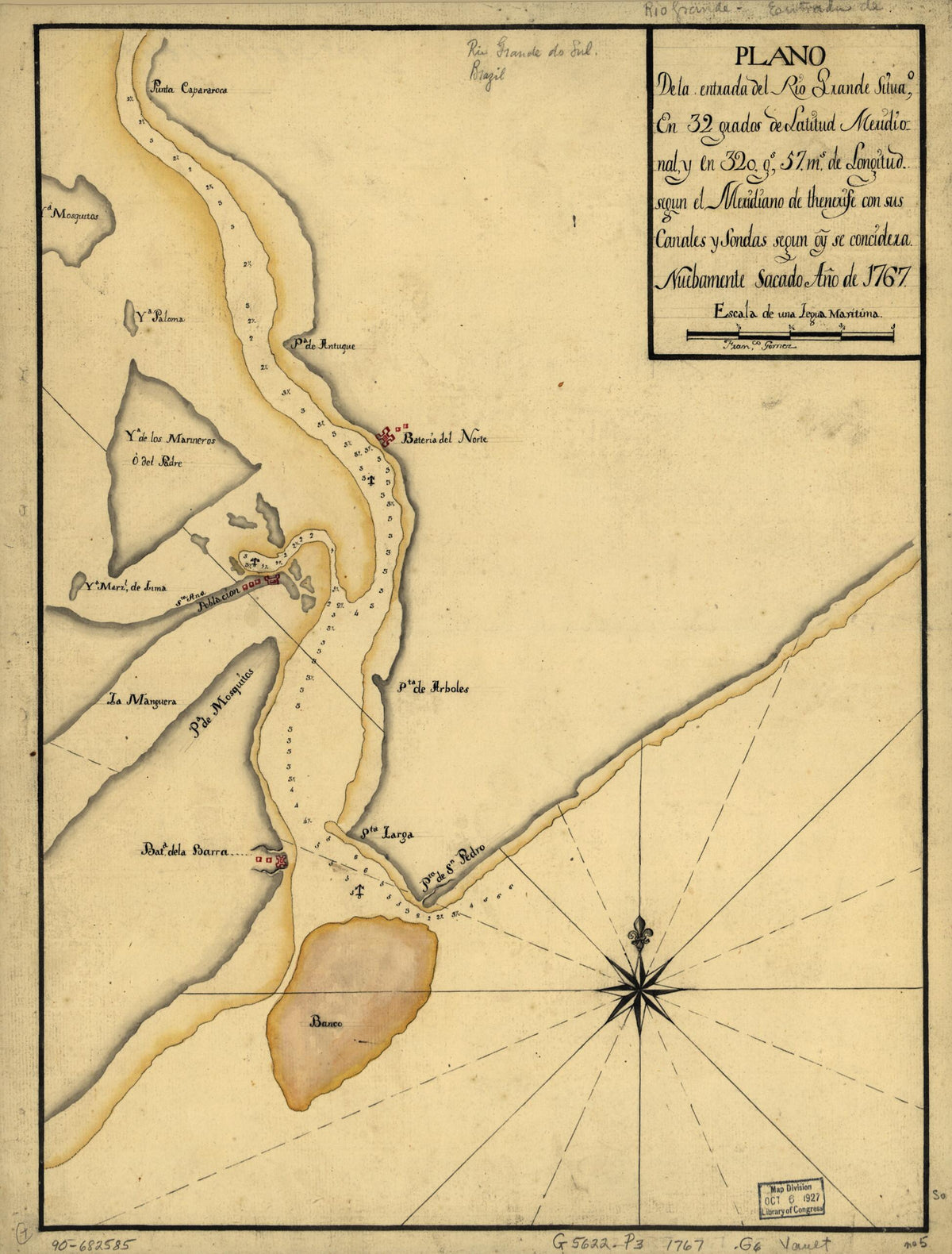 Plano De La Entrada Del Rio Grande Situao. En 32 Grados De Latitud Meridional Y En 320 Gs. 57 Ms. De Longitud Segun El Meridiano De Thenerife Con Sus Canales Y Sondas Segun Oy. Se Concidera 1767 by Relic Map Company