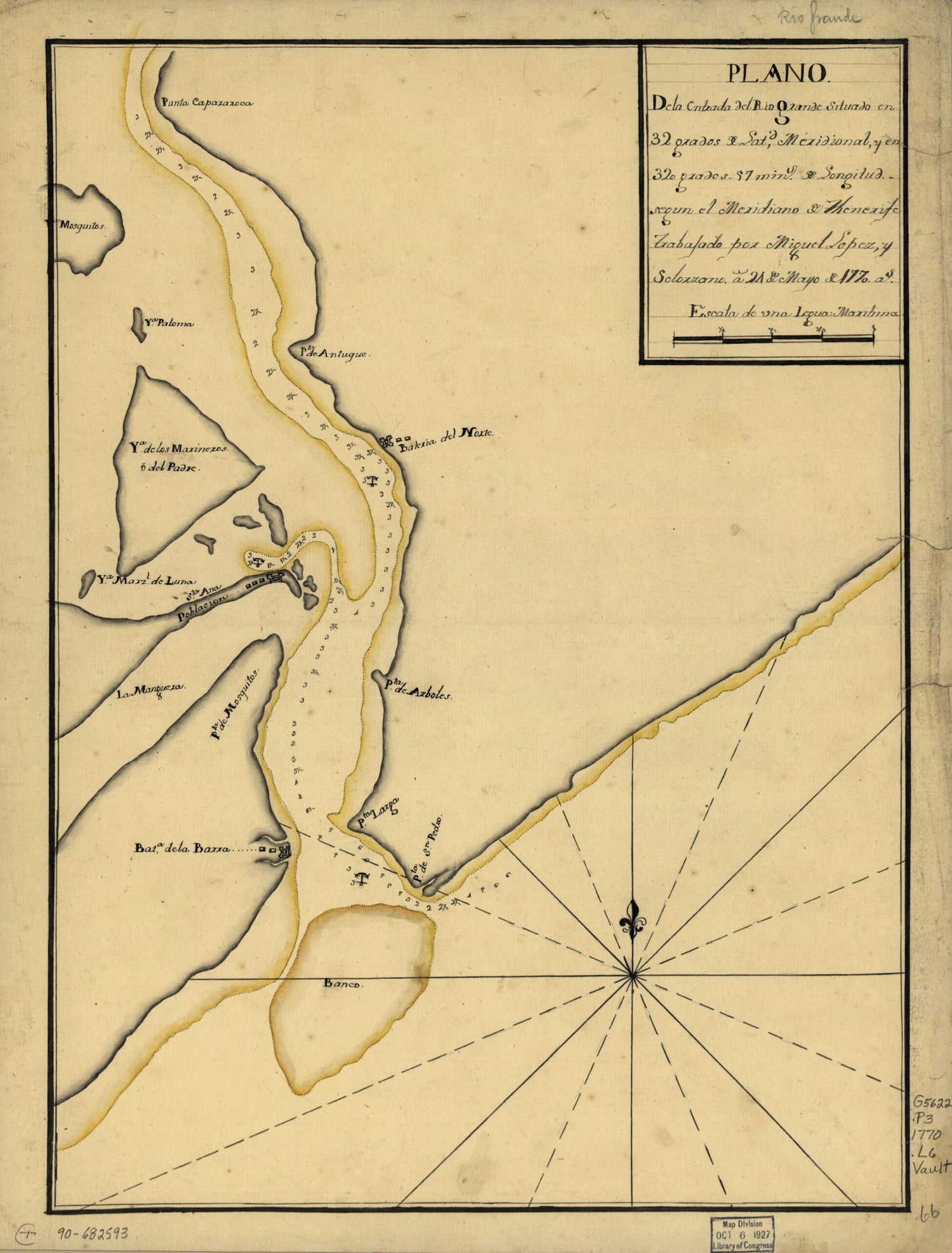 This old map of Plano De La Entrada Del Rio Grande Situado En 32 Grados De Latd. Meridional Y En 320 Grados 57 Mins. De Longitud Segun El Meridiano De Thenerife from 1770 was created by Miguel López Y Solórzano in 1770