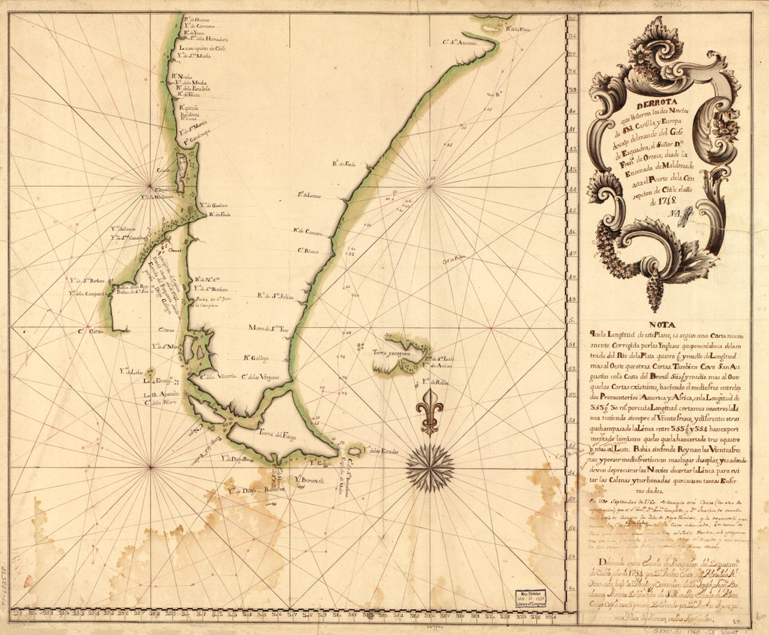 This old map of Derrota Que Hicieron Los Dos Navios De SM. Castilla Y Europa Devajo Del Mando Del Gefe De Esquadra, El Señor Dn. Franco. De Orosco, Desde La Ensenada De Maldonado Asta El Puerto De La Consepción De Chile El Año De 1748 from 1760 was cr