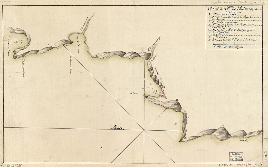 This old map of Plano Del Pto. De Balparayso from 1768 was created by Juan De Hervé in 1768