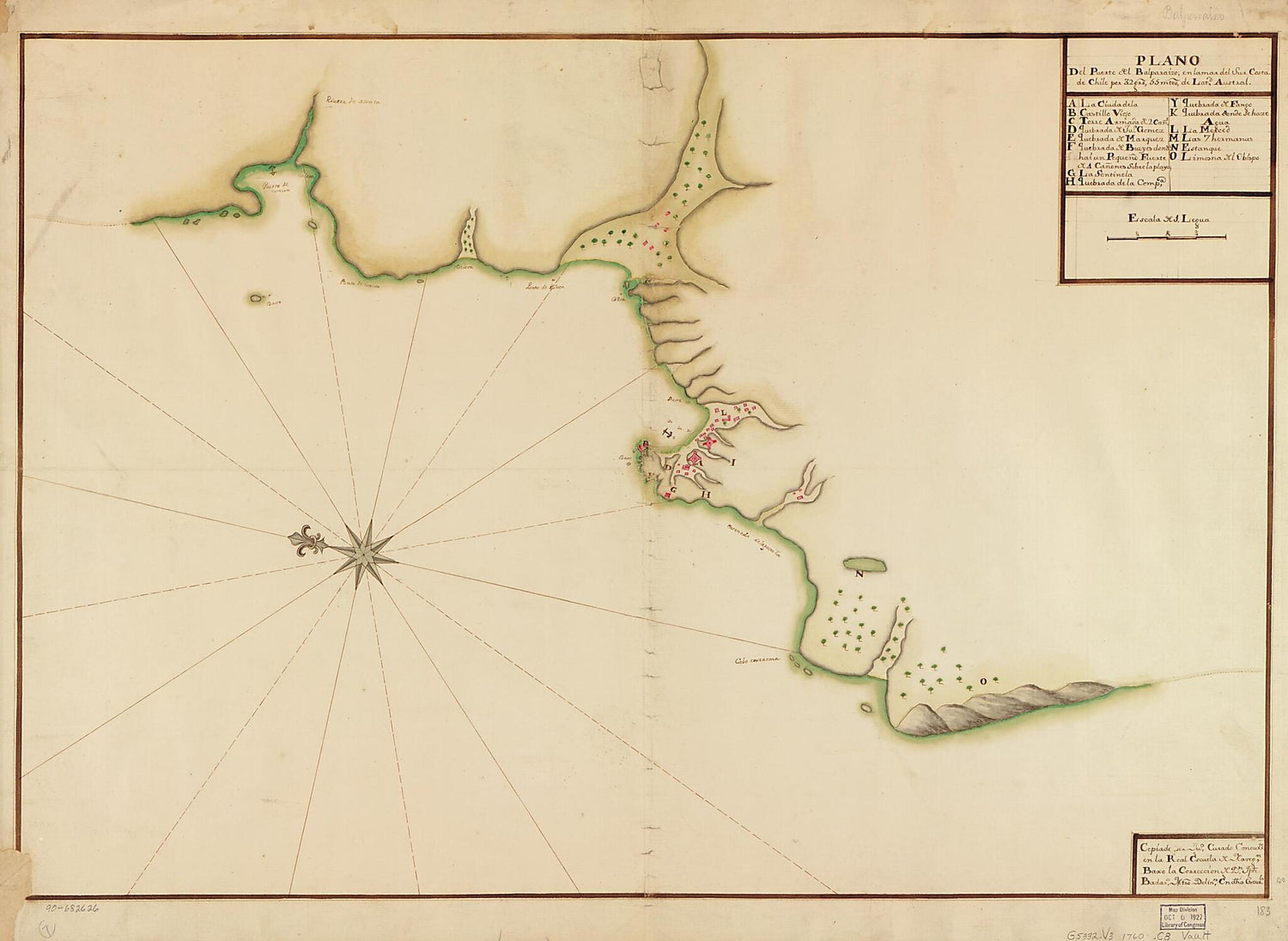 This old map of Plano Del Puerto Del Balparaizo En La Mar Del Sur Costa De Chile Por 32 Grs. 55 Mtos. De Latd. Austral from 1760 was created by J. W. Curado, Juan Manuel Curado, Spain) Real Escuela De Navegación (Cádiz in 1760