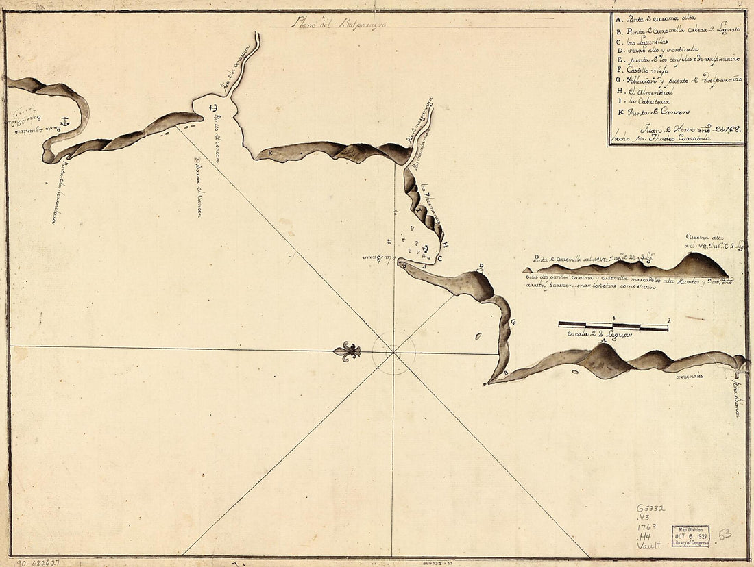 This old map of Plano Del Balparayso from 1768 was created by Thadeo Carratala, Juan De Hervé in 1768