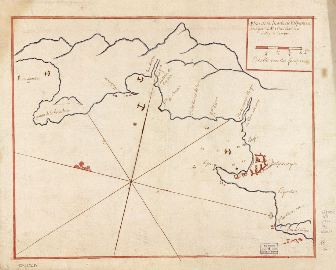 This old map of Plan De La Rade De Valparaiso Situé Par 32 Ds. 56 Ms. Lattd. Sud Selon Le Compas from 1700 was created by  in 1700