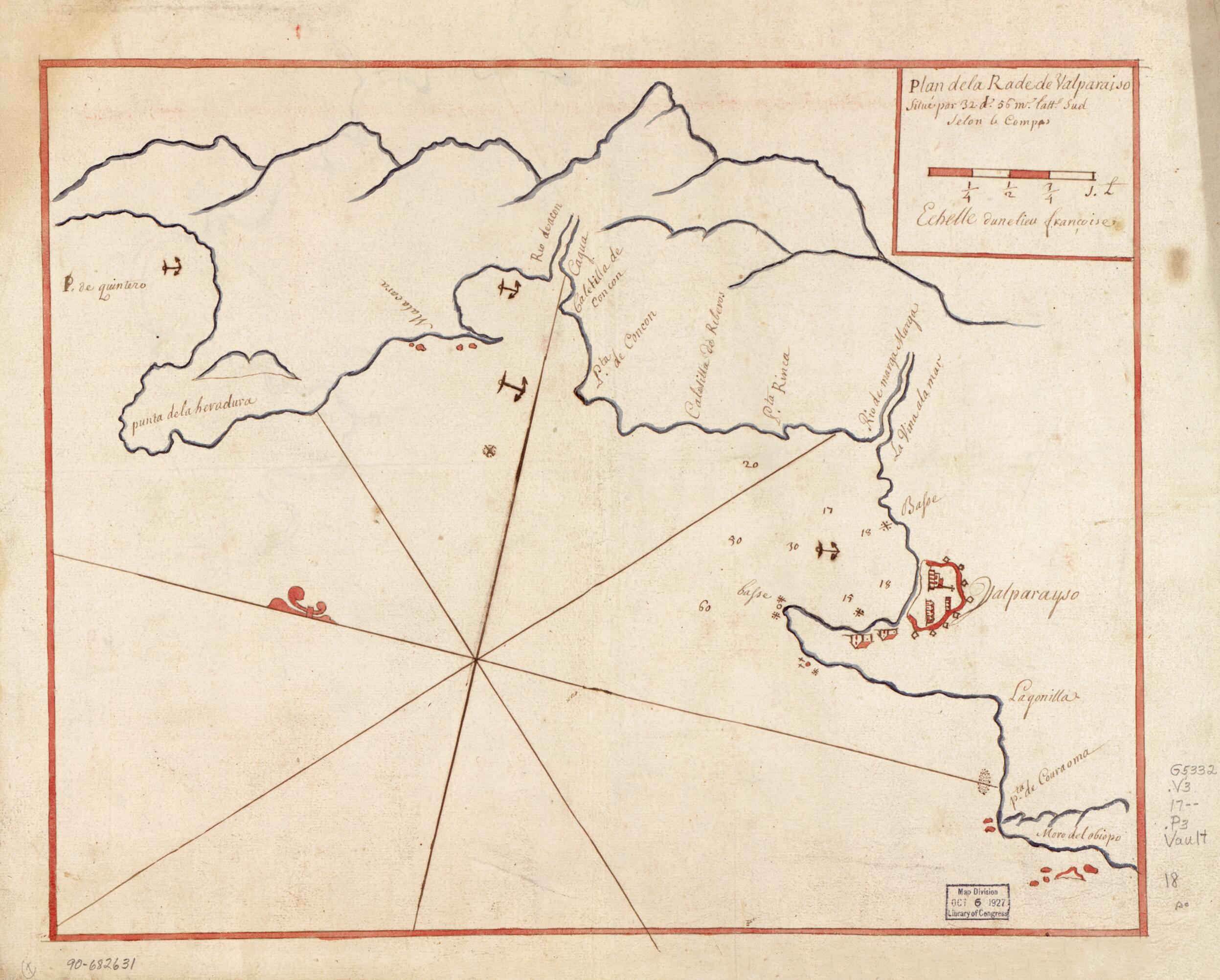 This old map of Plan De La Rade De Valparaiso Situé Par 32 Ds. 56 Ms. Lattd. Sud Selon Le Compas from 1700 was created by  in 1700