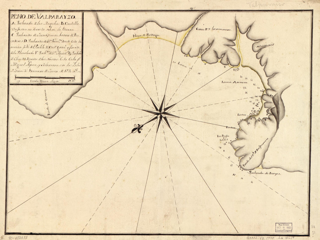 This old map of Plano De Valparayzo from 1770 was created by Miguel López Y Solórzano in 1770