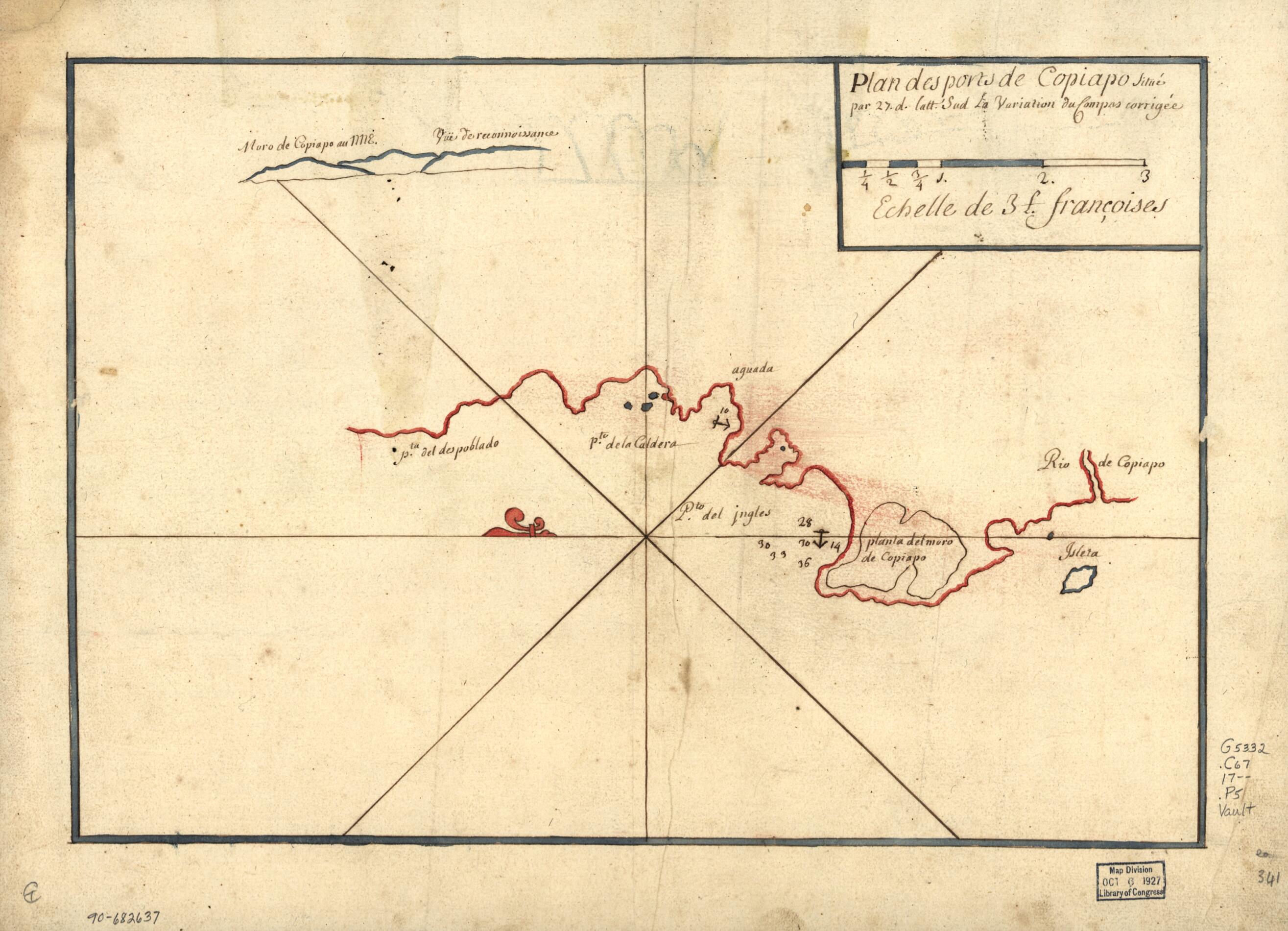This old map of Plan Des Ports De Copiapo Situé Par 27 D. Latt. Sud La Variation Du Compas Corrigée from 1700 was created by  in 1700