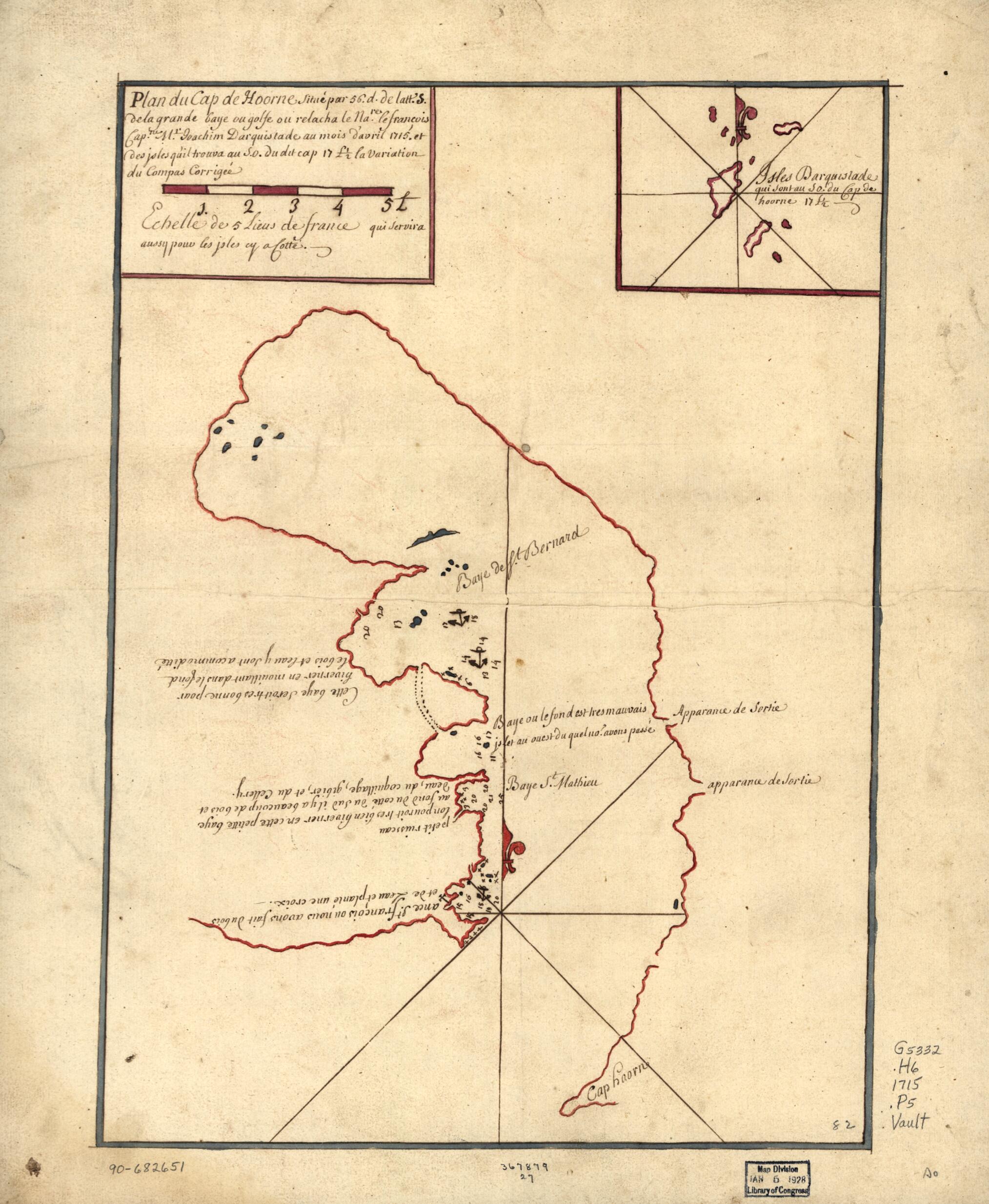 This old map of Plan Du Cap De Hoorne Situé Par 56. D. De Latt. S. De La Grande Baye Ou Golfe Ou Relacha Le Nare. Le François Capne. Mr. Ioachim Darquistade Au Mois D&