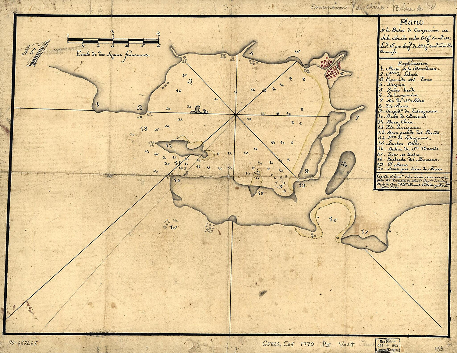 This old map of Plano De La Bahía De Compcessión De Chile Situado En Los 36 Gs. 40 Ms. De Latd. S Y En Longd. De 297 Gs. 40 Ms. Mro. the sic Thenerife from 1770 was created by Francisco Echeverría, Spain) Real Escuela De Navegación (Cádiz in 1770