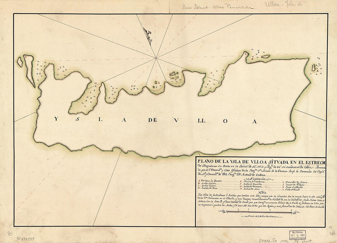 This old map of Plano De La Ysla De Ulloa Situada En El Estrecho De Magallanes Su Centro En La Latitud De 53⁰39ʹ S. Y Longd. De 66⁰30ʹ Occidental De Cádiz from 1792 was created by Antonio De Córdoba in 1792