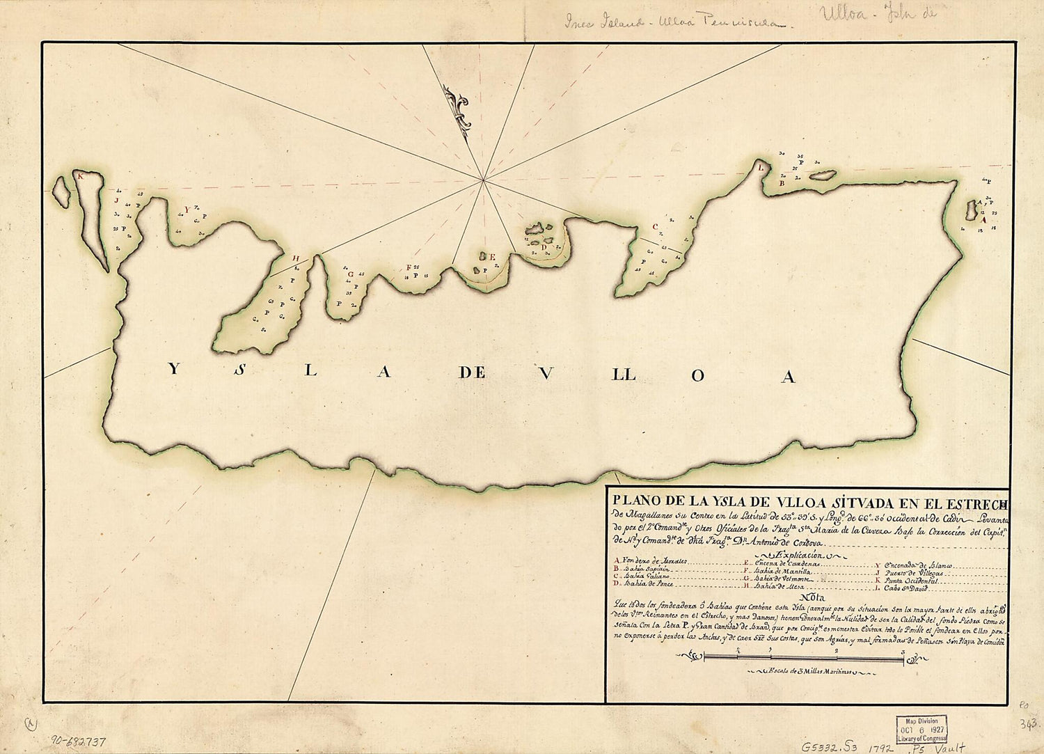 This old map of Plano De La Ysla De Ulloa Situada En El Estrecho De Magallanes Su Centro En La Latitud De 53⁰39ʹ S. Y Longd. De 66⁰30ʹ Occidental De Cádiz from 1792 was created by Antonio De Córdoba in 1792