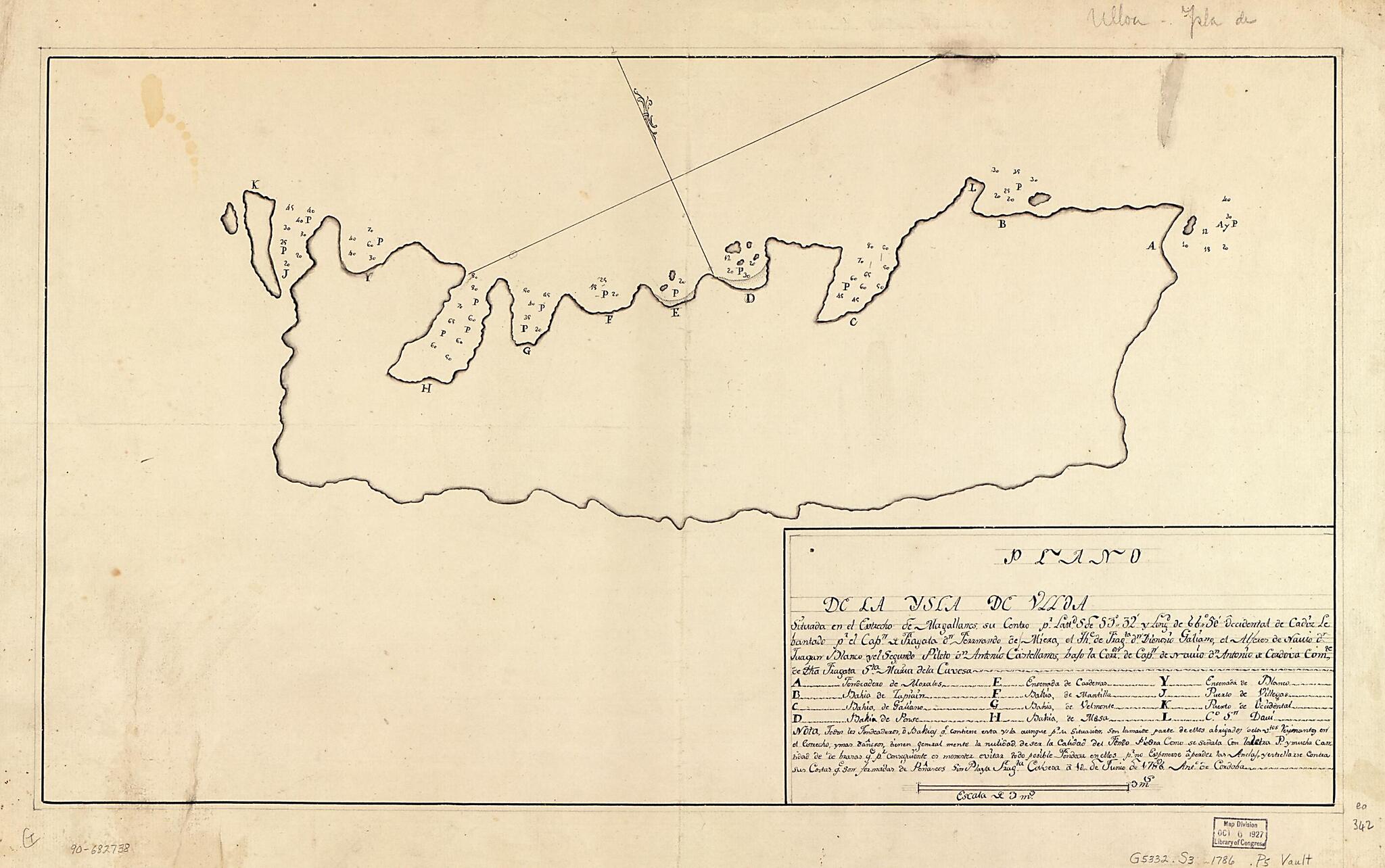 Plano De La Ysla De Ulloa Situada En El Estrecho De Magallanes Su Centro Pr. Lattd. S De 53⁰32ʹ Y Longd. De 66⁰50ʹ Occidental De Cádiz 1786 by Relic Map Company