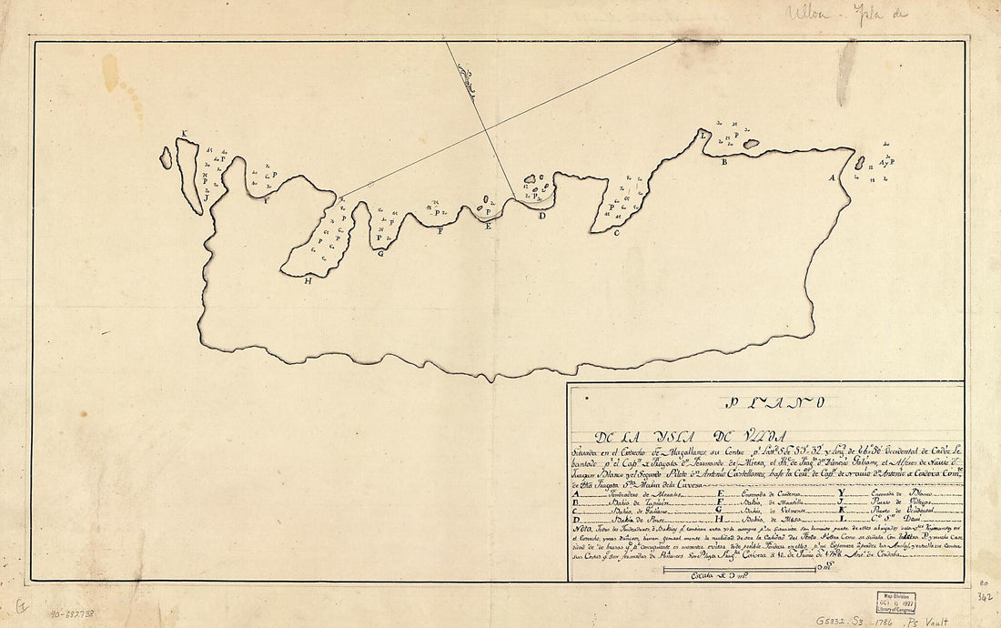 This old map of Plano De La Ysla De Ulloa Situada En El Estrecho De Magallanes Su Centro Pr. Lattd. S De 53⁰32ʹ Y Longd. De 66⁰50ʹ Occidental De Cádiz from 1786 was created by Antonio De Córdoba, Fernando De Miera in 1786