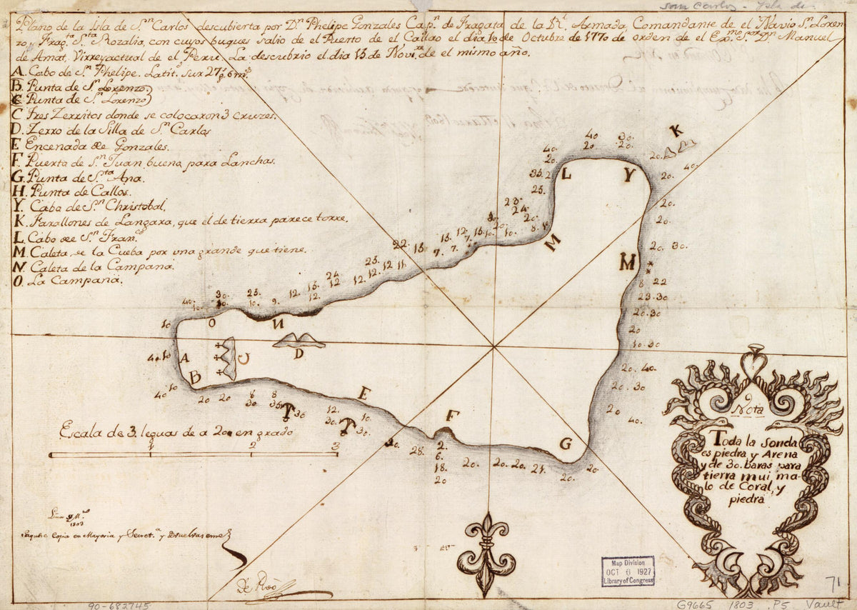Plano De La Isla De Sn. Carlos Descubierta Por Dn. Phelipe Gonzales, Capn. De Fragata De La Rl. Armada, Comandante De El Navio. Sn. Lorenzo, Fragta. Sta. Rozalia, Con Cuyos Bugues Salio De El Puerto De El Callao De Dia 10 De Octubre De 1770 De Orden D... by Relic Map Company