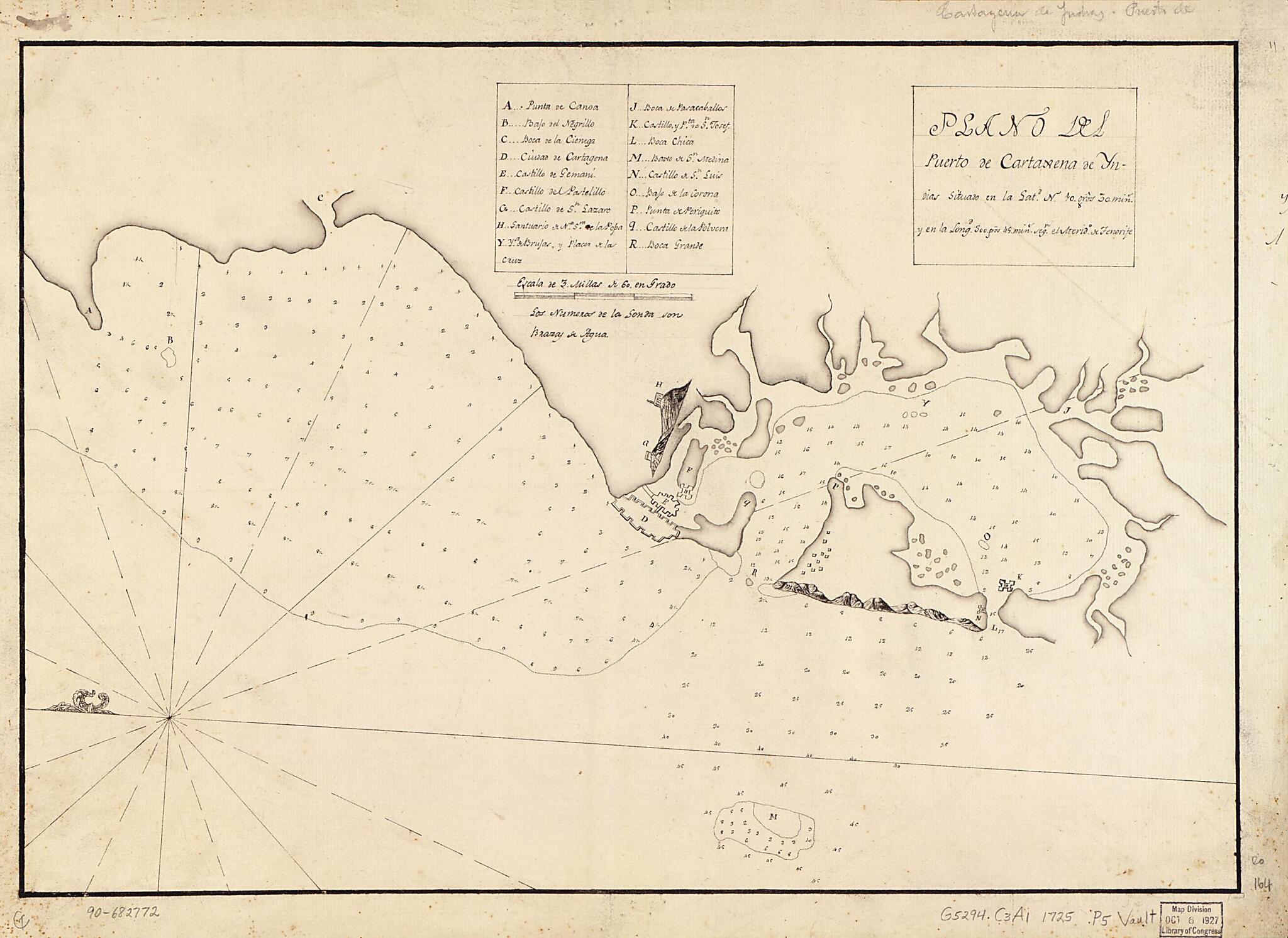 This old map of Plano Del Puerto De Cartaxena De Yndias Situado En La Latd. N. 10. Gros. 30. Mins. Y En La Longd. 300. Gros. 45. Mins. Segn. El Merido. De Tenerife from 1725 was created by  in 1725