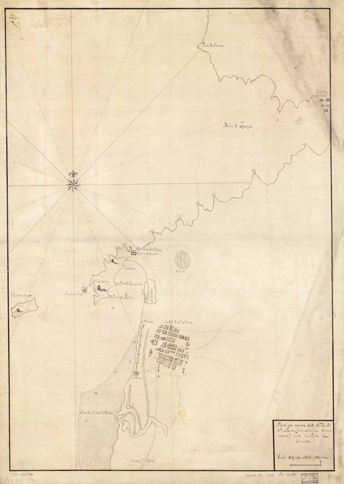 This old map of Plano Que Contiene Desde El Río De Sta. Marta (en La América Setentrional) Hasta La Punta De Granate from 1725 was created by  in 1725