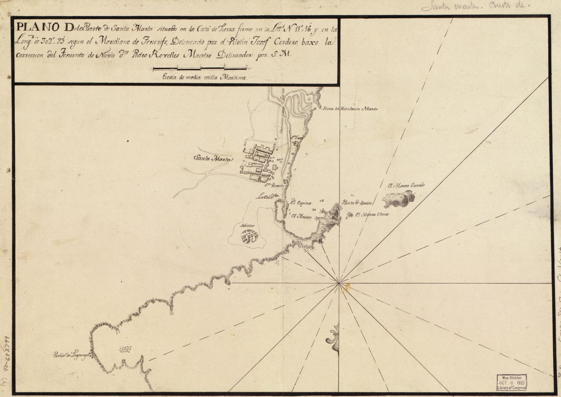 This old map of Plano Del Puerto De Santa Marta Situado En La Costa De Tierra Firme En La Littd. N. 11⁰16ʹ Y En La Longd. De 302⁰23ʹ Segun El Meridiano De Tenerife from 1700 was created by Josef Cordero in 1700