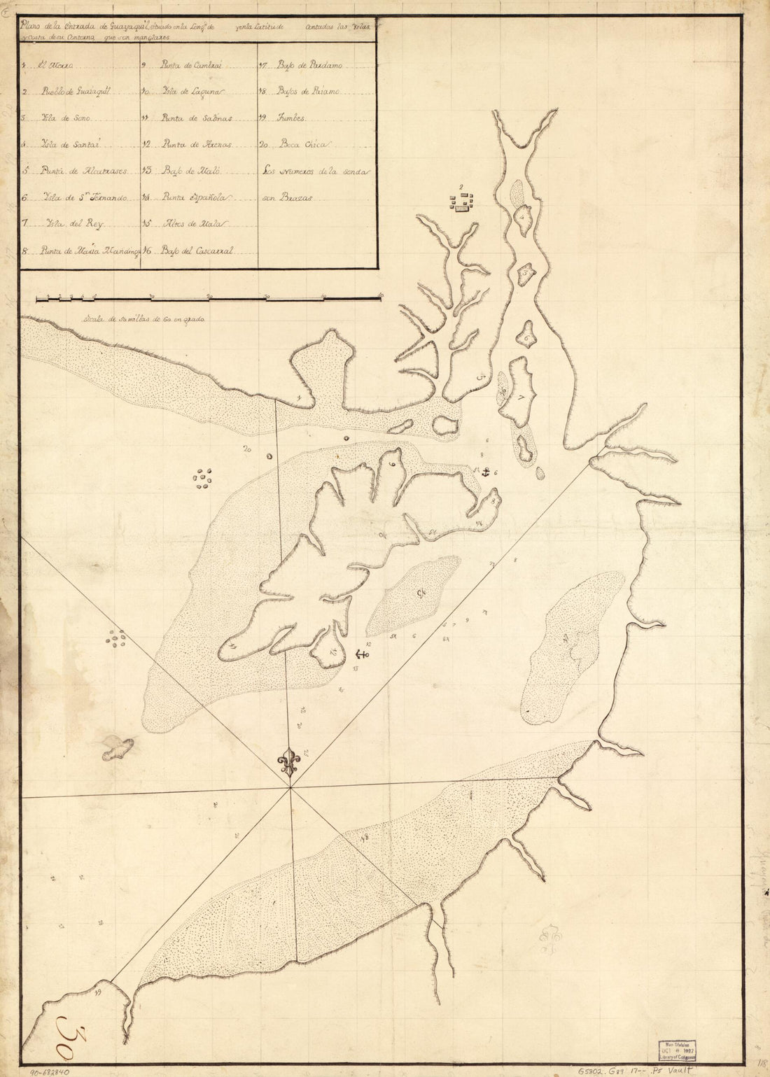 This old map of Plano De La Entrada De Guayaquil Situado En La Longd. De blank Y En La Latitude blank Contadas Las Yslas Y Costa De Su Contorno, Que Son Manglares from 1700 was created by  in 1700
