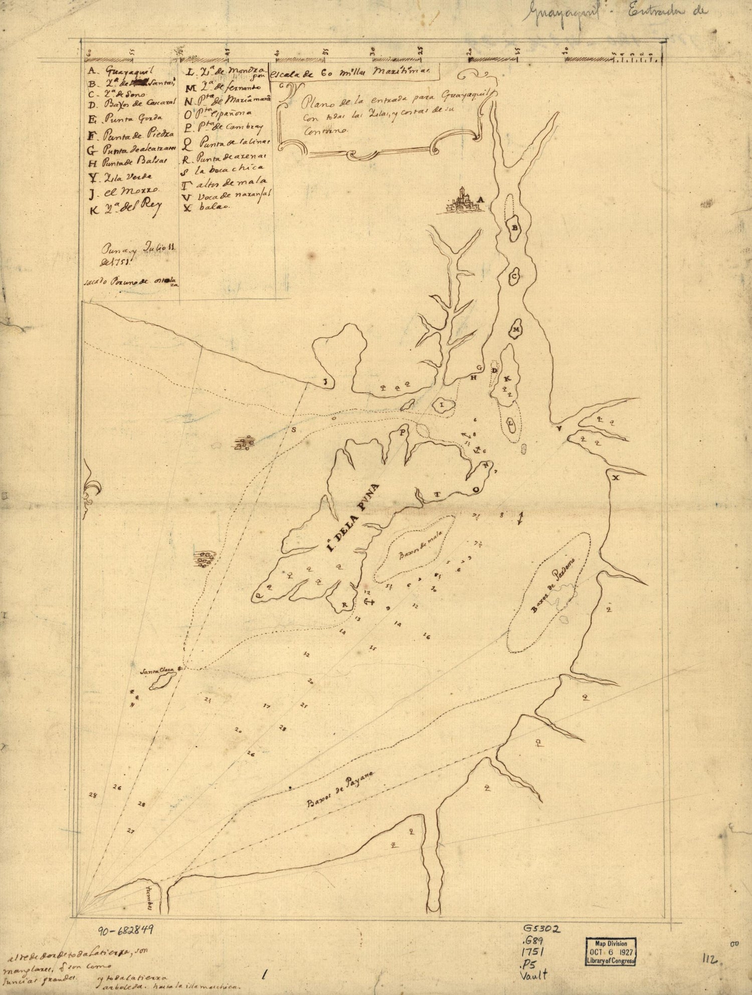 This old map of Plano De La Entrada Para Guayaquil Con Todas Las Yslas Y Costas De Su Contorno from 1751 was created by  in 1751