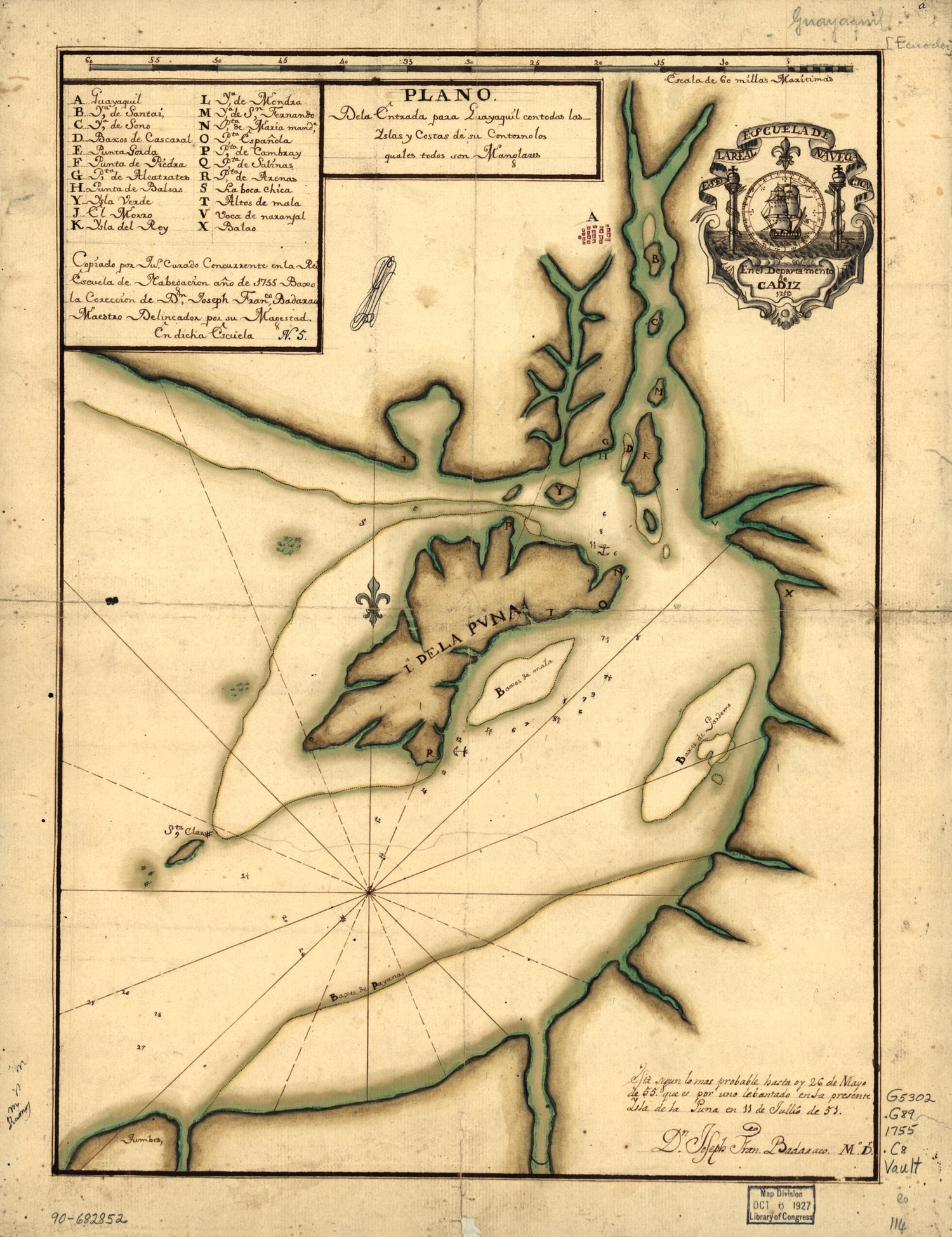 This old map of Plano De La Entrada Para Guayaquil Con Todas Las Yslas Y Costas De Su Contorno Los Quales Todaos Son Manglares from 1755 was created by Juan Manuel Curado in 1755