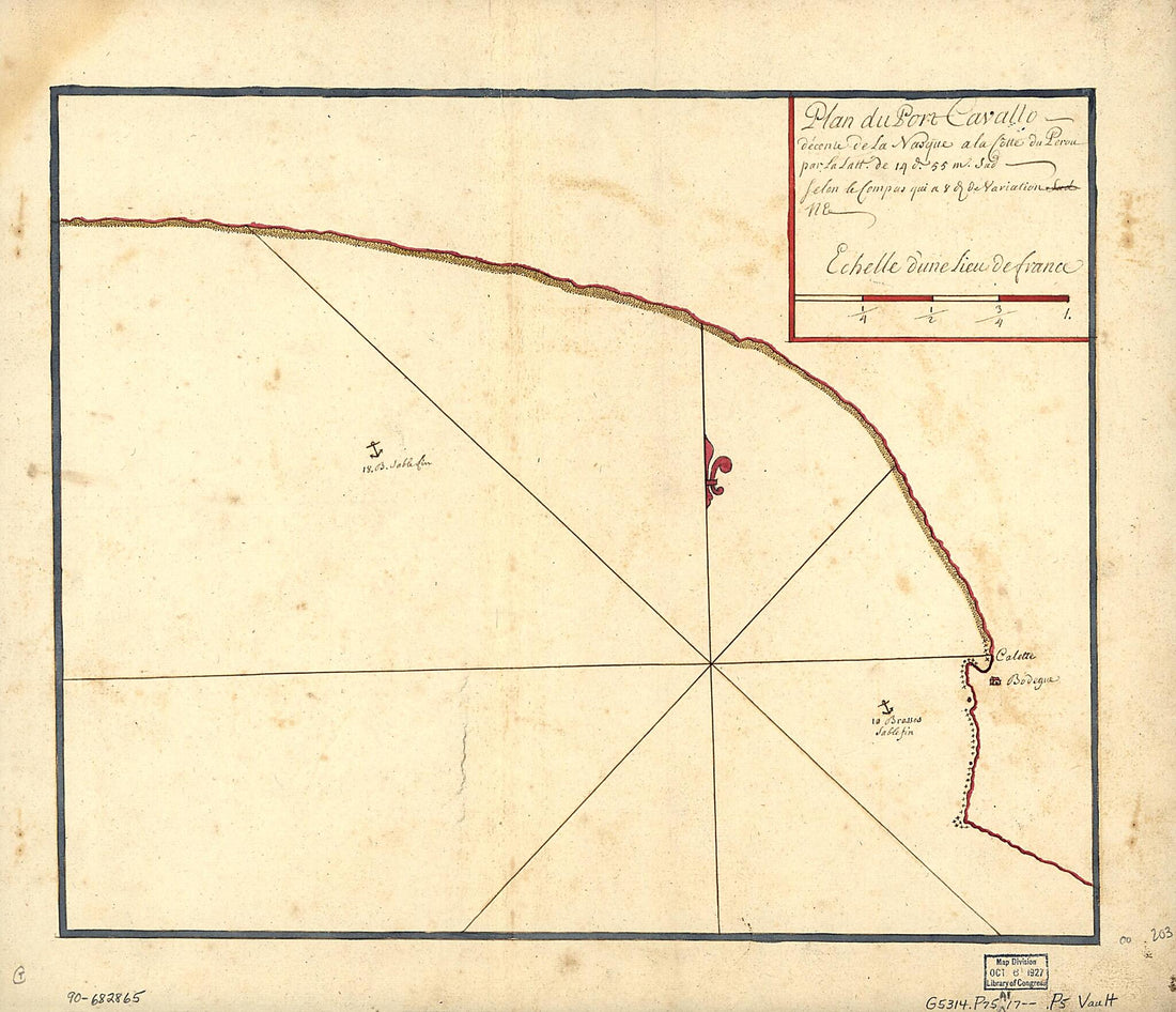This old map of Plan Du Port Cavallo, Décente De La Nasque à La Côtte Du Perou Par La Latt. De 14 D. 55 M. Sud, Selon Le Compas Qui à 8 D. De Naviation NE from 1700 was created by  in 1700