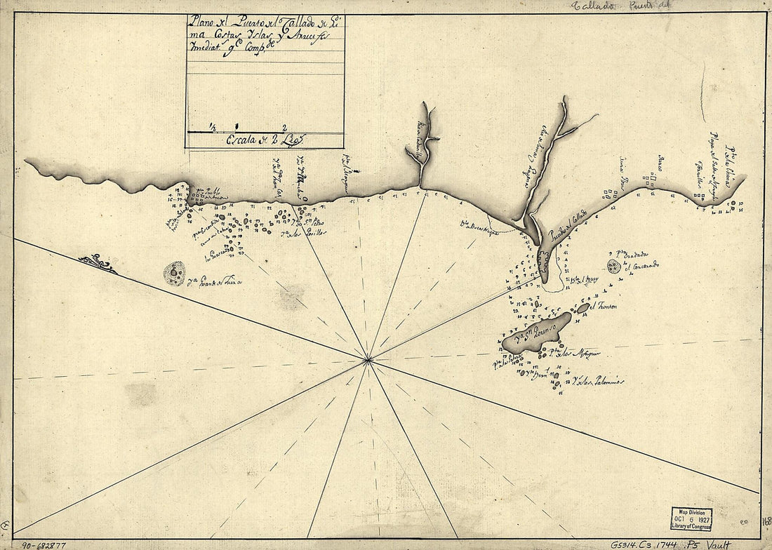 This old map of Plano Del Puerto Del Callado De Lima, Costas, Yslas Y Arrecifes Ymediats. Qe. Compde from 1744 was created by  in 1744