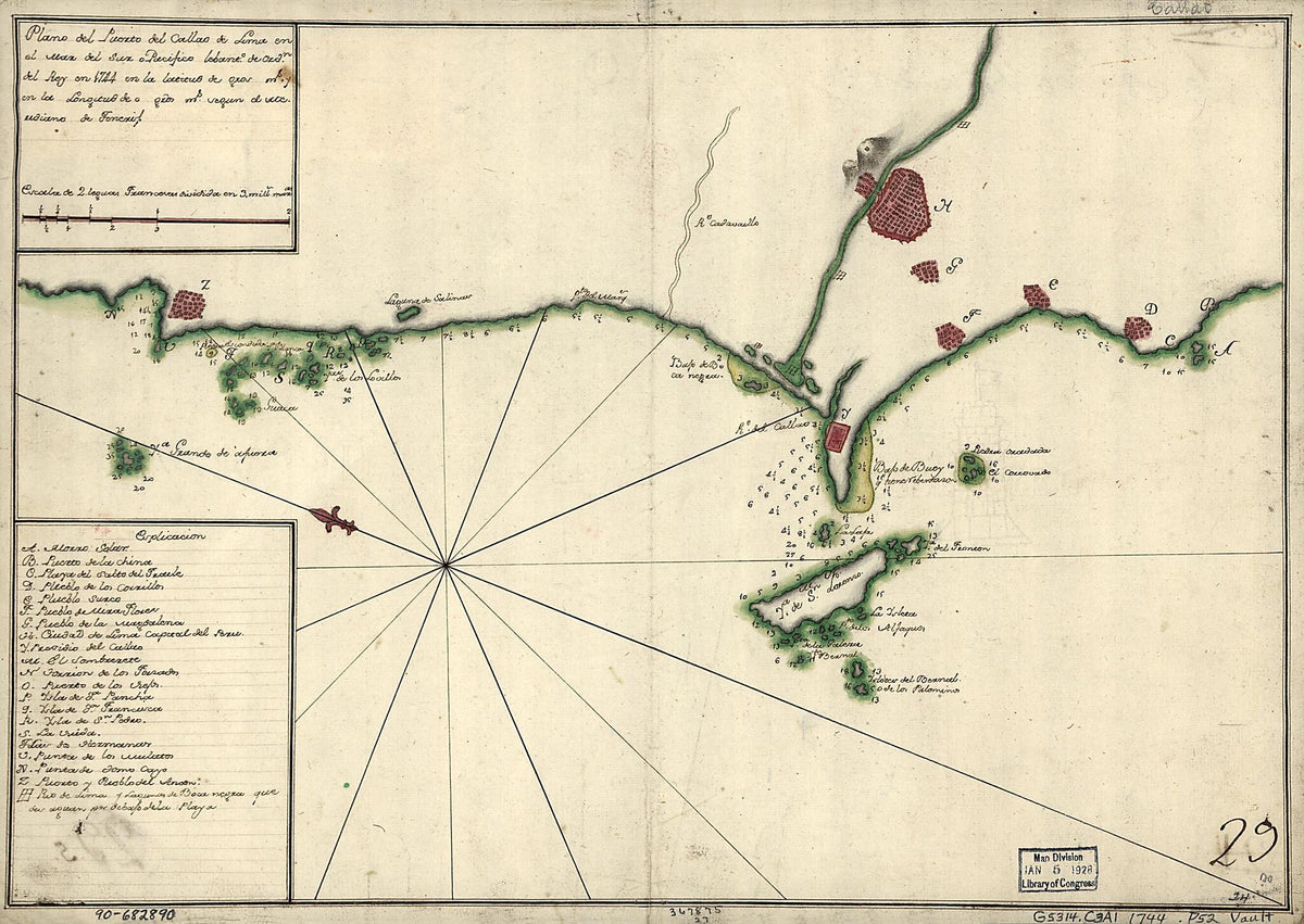 Plano Del Puerto Del Callao De Lima En El Mar Del Sur O Pacífico Lebanto. De Ordn. Del Rey En 1744 En La Latitud De blank Gros blank Ms. Y En La Longitud De O blank Gros blank Ms. Segun El Meridiano De Tenerif by Relic Map Company