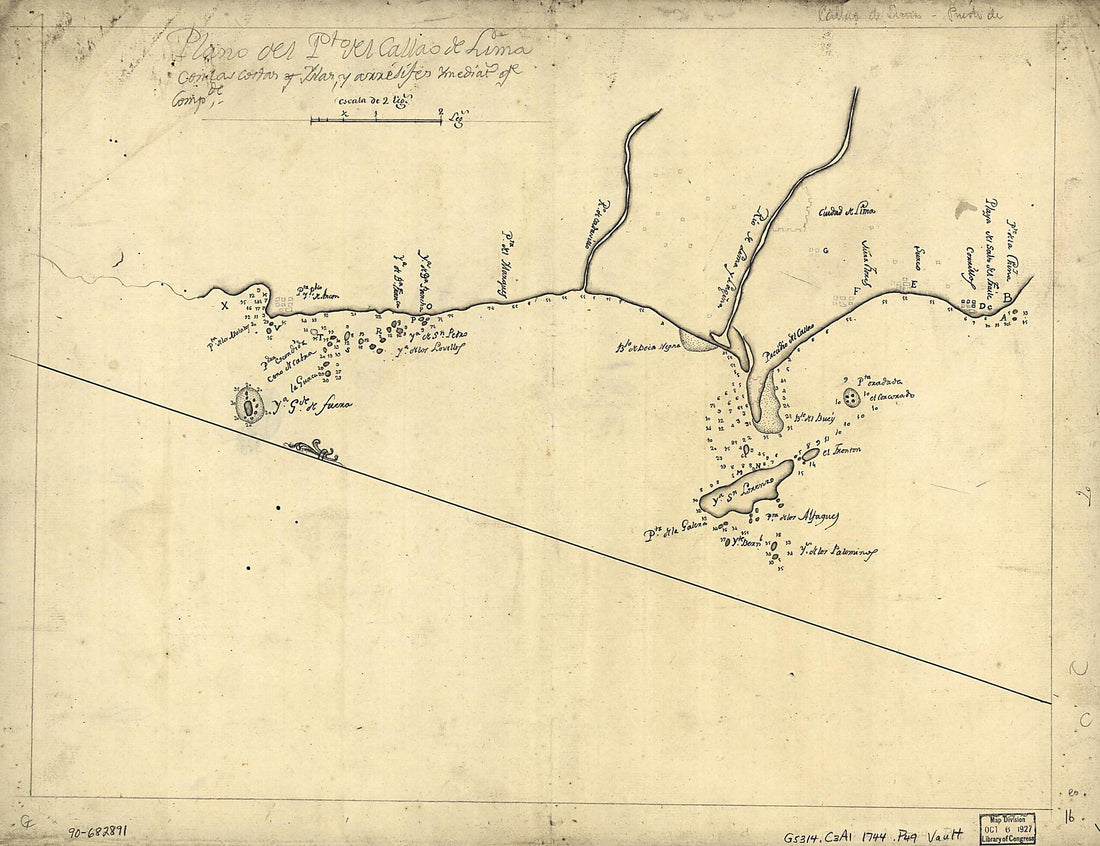 This old map of Plano Del Pto. Del Callao De Lima Con Las Costas Y Yslas Y Arresifes Ymediat. Qe. Compde from 1744 was created by  in 1744