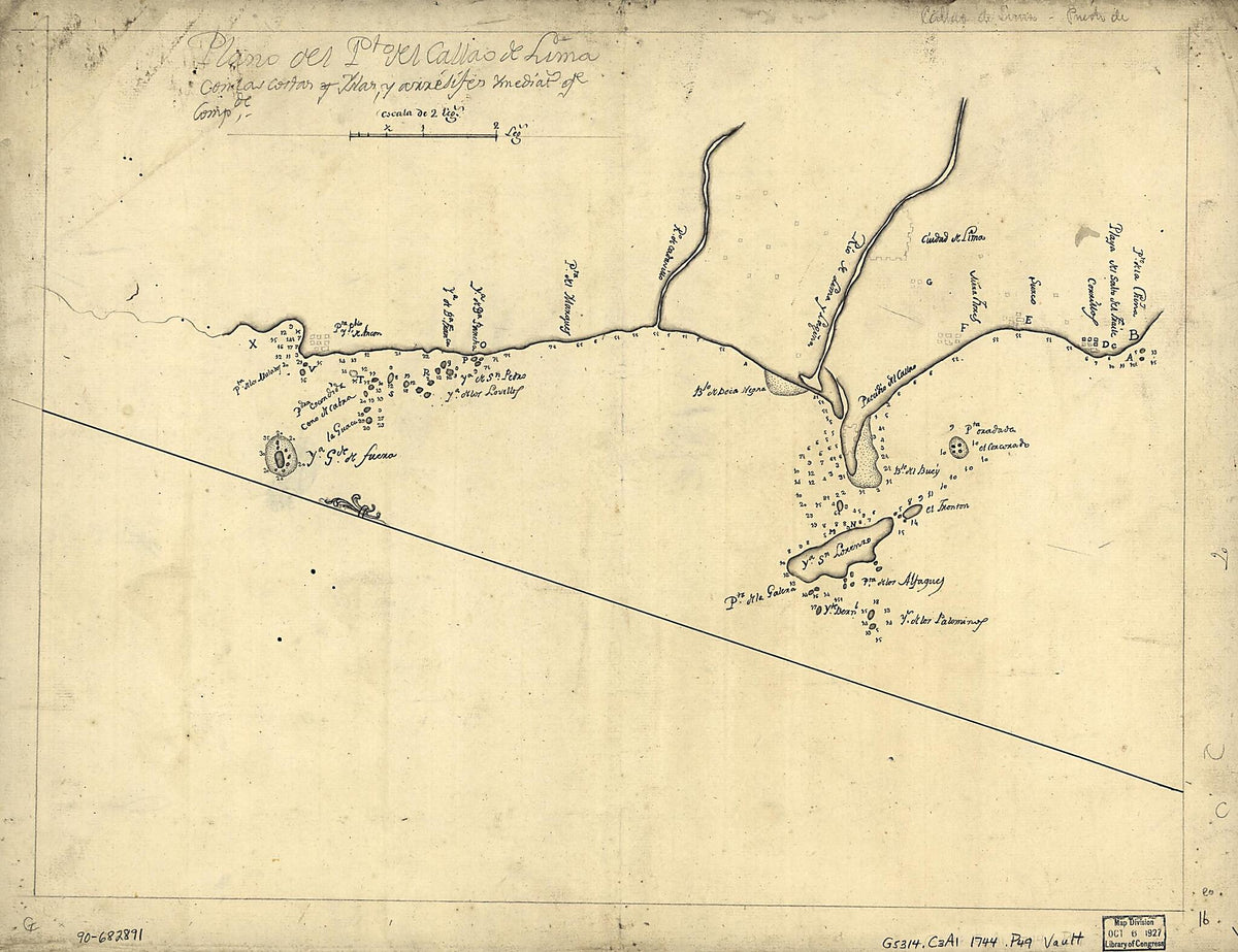 Plano Del Pto. Del Callao De Lima Con Las Costas Y Yslas Y Arresifes Ymediat. Qe. Compde 1744 by Relic Map Company