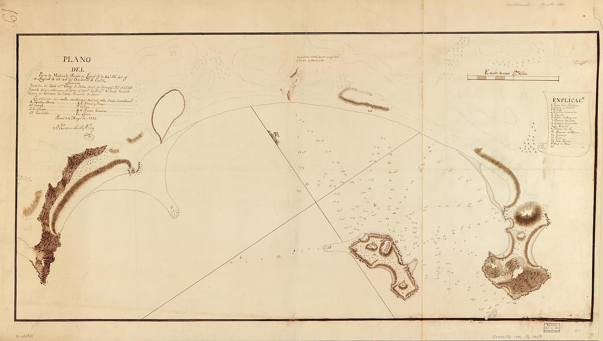 This old map of Plano Del Puerto De Maldonado Situado En Latitud S. De 34⁰56ʹ40ʺ Y En Longitud De 48⁰45ʹ30ʺ Occidental De Cádiz from 1796 was created by Pedro Melo De Portugal in 1796