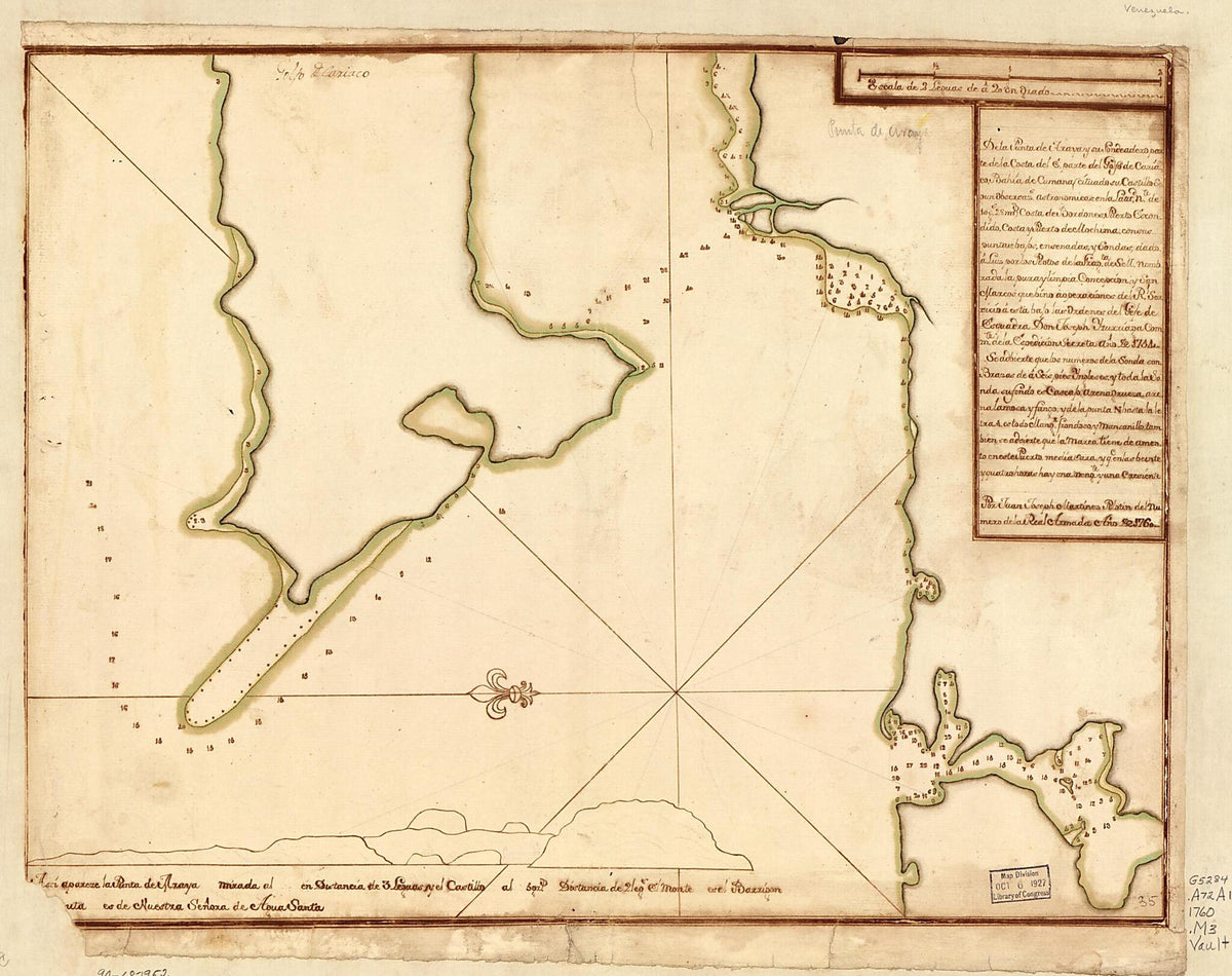 De La Punta De Araya Y Su Fondeadero, Parte De La Costa Del E., Parte Del Golfo De Cariaco, Bahía De Cumana (cituado Su Castillo Segun Observzs. Astronómicas En La Lattd. Nte. De 10 Gs. 28 Ms.), Costa De Bordones, Puerto Escondido, Costa Y Puerto De... by Relic Map Company