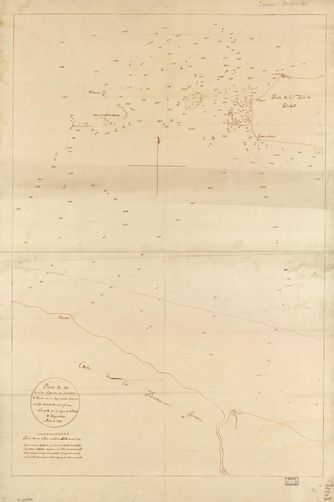 This old map of Plano De Los Canales Qe. Forman El Fronton De Ycacos Con Su Bajo Placer, Bajos Y Arrecifes Del Soldado, Costa Firme from 1793 was created by  in 1793