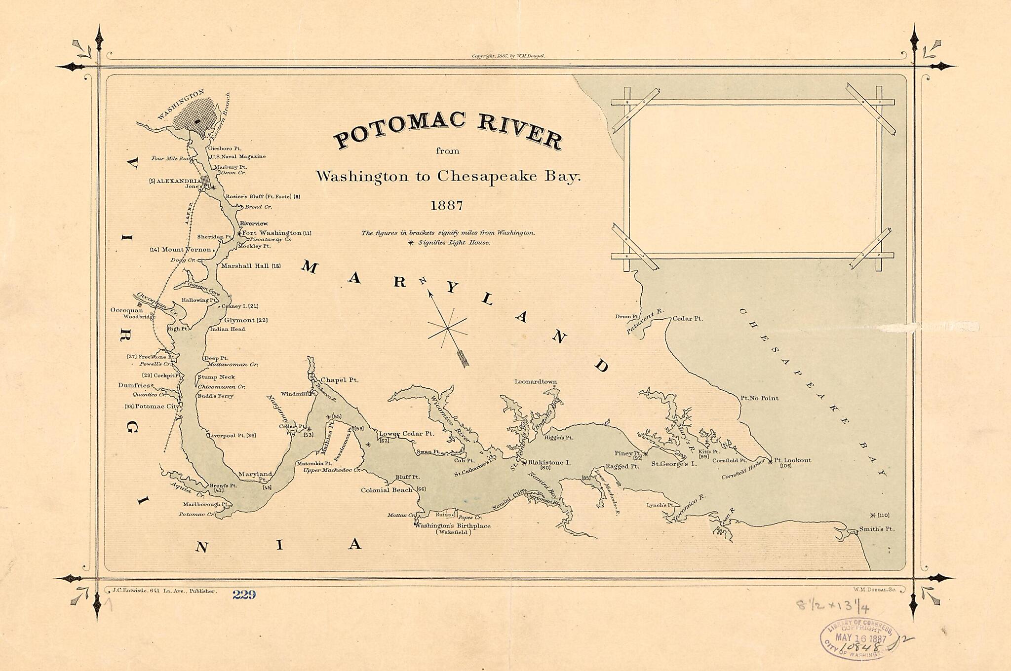 This old map of Potomac River from Washington to Chesapeake Bay from 1887 was created by W. M. Dougal, J. C. Entwistle in 1887
