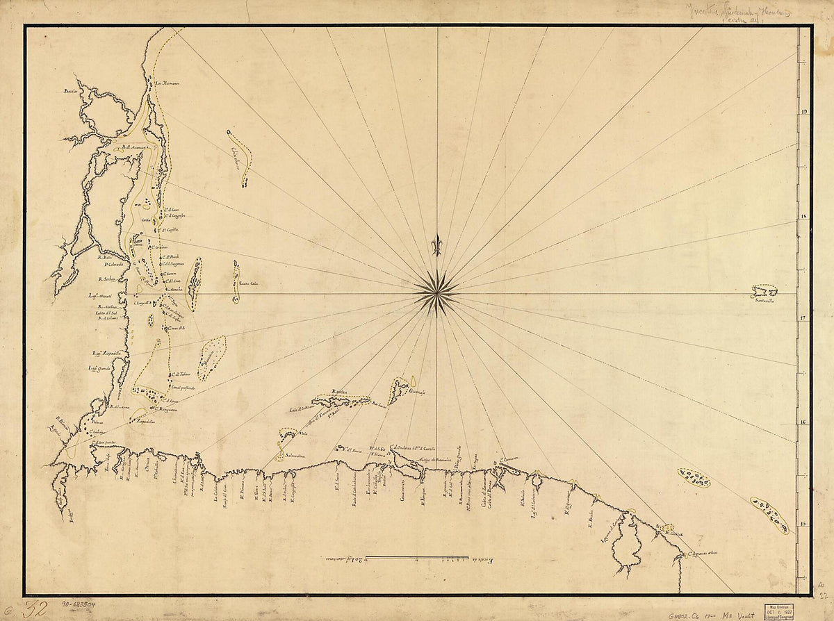 Map Showing Caribbean Coast of Central America from Belize to Honduras 1700 by Relic Map Company