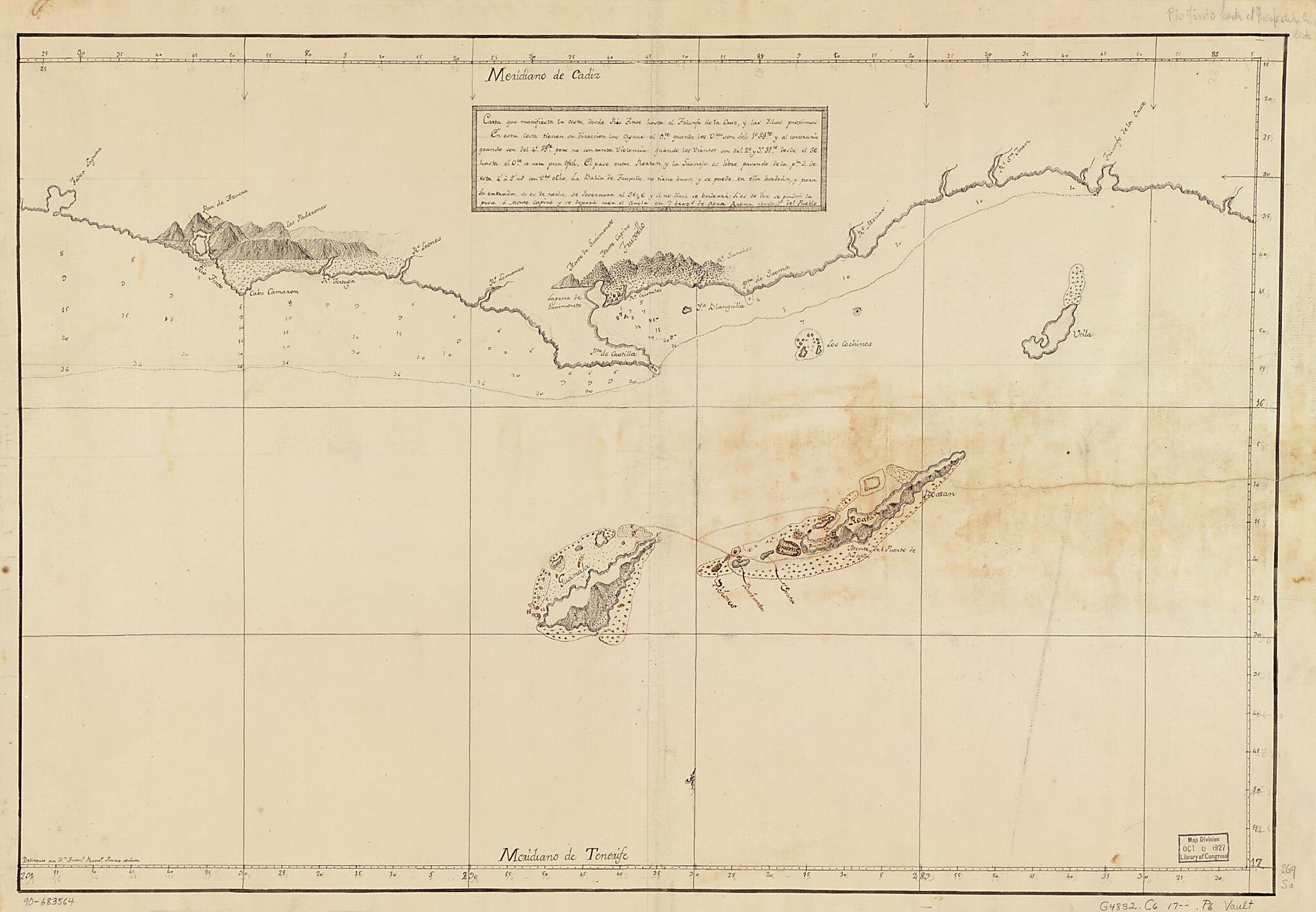 This old map of Carta Que Manifiesta La Costa Desde Río Tinto Hasta El Triunfo De La Cruz Y Las Islas Proximas from 1700 was created by Antono. Romo Ponze De Leon in 1700