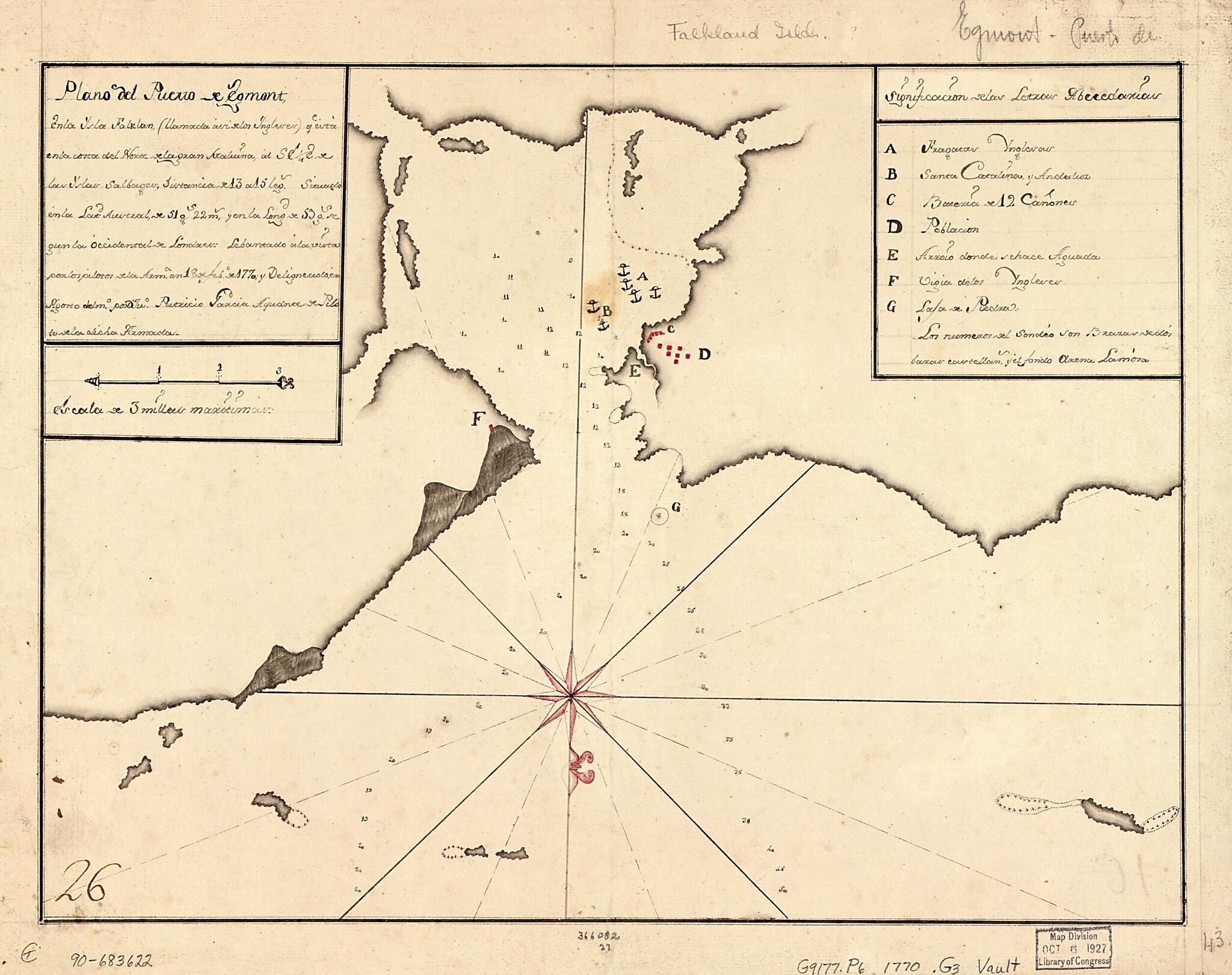 This old map of Plano Del Puerto De Egmont En La Isla Falklan (llamada Avi De Los Ingleses) Qe. Esta En La Costa Del Norte De La Gran Malvina Al S 1/4 E De Las Yslas Salbages, Distancia De 13 a 15 Legs., Situado En La Latd. Austral De 51 Gs. 22 Ms. Y En 