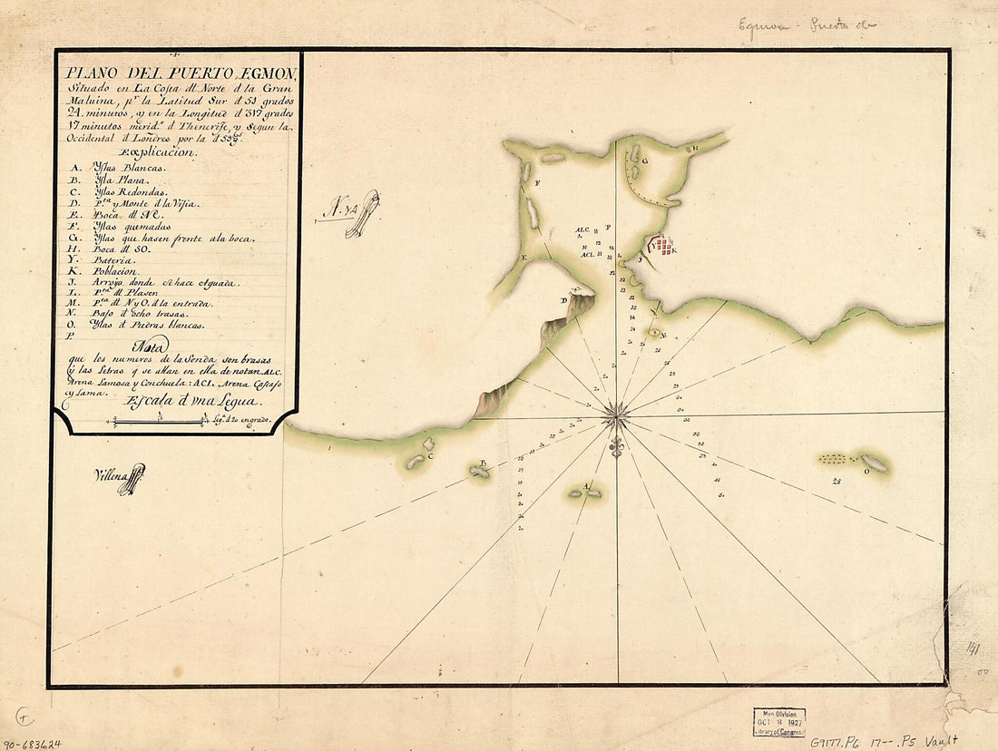 This old map of Plano Del Puerto Egmon Situado En La Costa Dl. Norte D. La Gran Malvina Pr. La Latitud Sur D. 51 Grados 24 Minutos Y En La Longitud D. 317 Grados 17 Minutos, Merido. D. Thenerife Y Segun La Occidental D. Londres Por La D. 59 Gs from 1700 