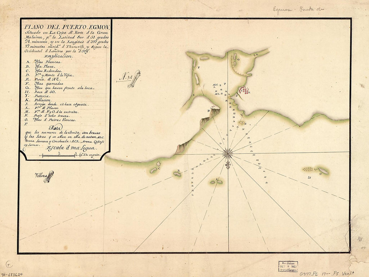 Plano Del Puerto Egmon Situado En La Costa Dl. Norte D. La Gran Malvina Pr. La Latitud Sur D. 51 Grados 24 Minutos Y En La Longitud D. 317 Grados 17 Minutos, Merido. D. Thenerife Y Segun La Occidental D. Londres Por La D. 59 Gs 1700 by Relic Map Company