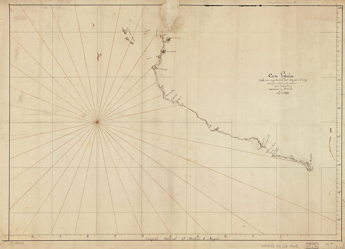 This old map of Carta Esferica De La Costa Comprehendida Desde Acapulco a Sn. Blas Trabajada Abordo De Las Corberas De La Marina Real Descubierta Y Atrevida, Año De from 1791 was created by  in 1791