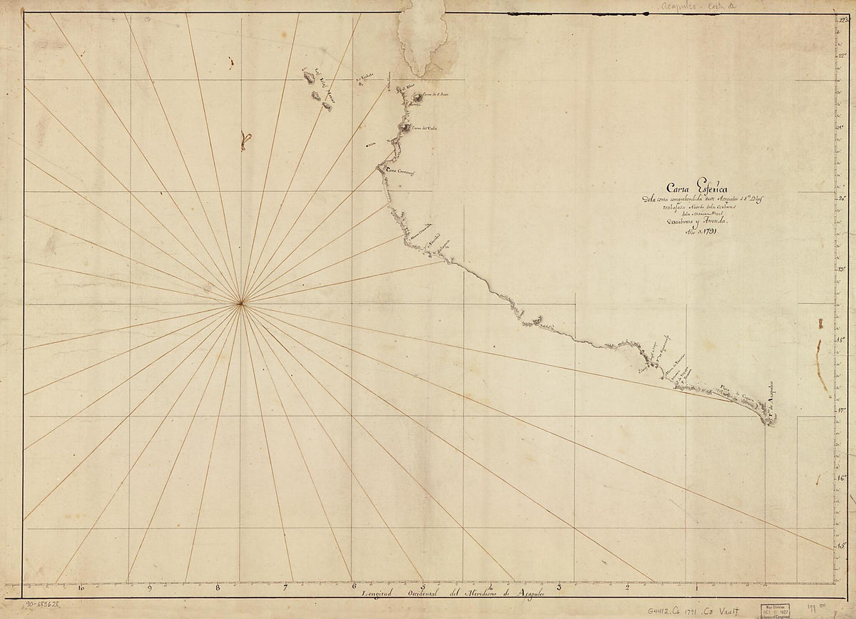 Carta Esferica De La Costa Comprehendida Desde Acapulco a Sn. Blas Trabajada Abordo De Las Corberas De La Marina Real Descubierta Y Atrevida, Año De 1791 by Relic Map Company