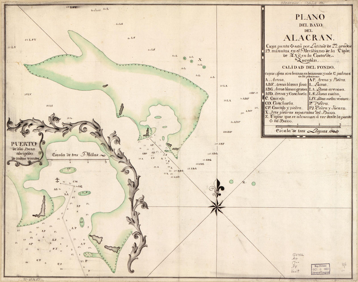 Plano Del Baxo Del Alacran : Cuya Punta cross Esta Por Latitud De 22. Grados 19. Minutos En El Meridiano De La Vigia De Yxil En La Costa De Yucatán 1700 by Relic Map Company