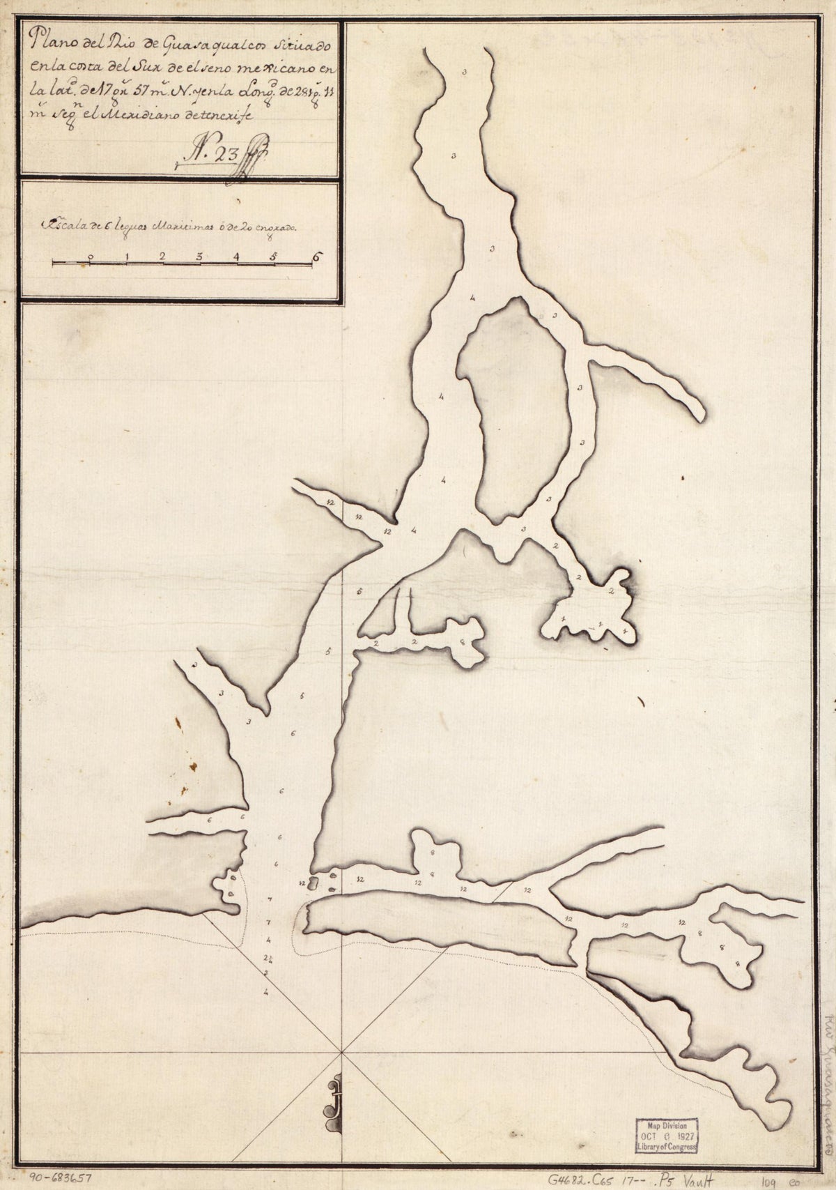 Plano Del Río Guasaqualcos Situado En La Costa Del Sur De El Seno Mexicano En La Latd. De 17 Gr. 57 M. N. Y En La Longd. De 281 G. 11 M. Segn. El Meridiano De Tenerife 1700 by Relic Map Company