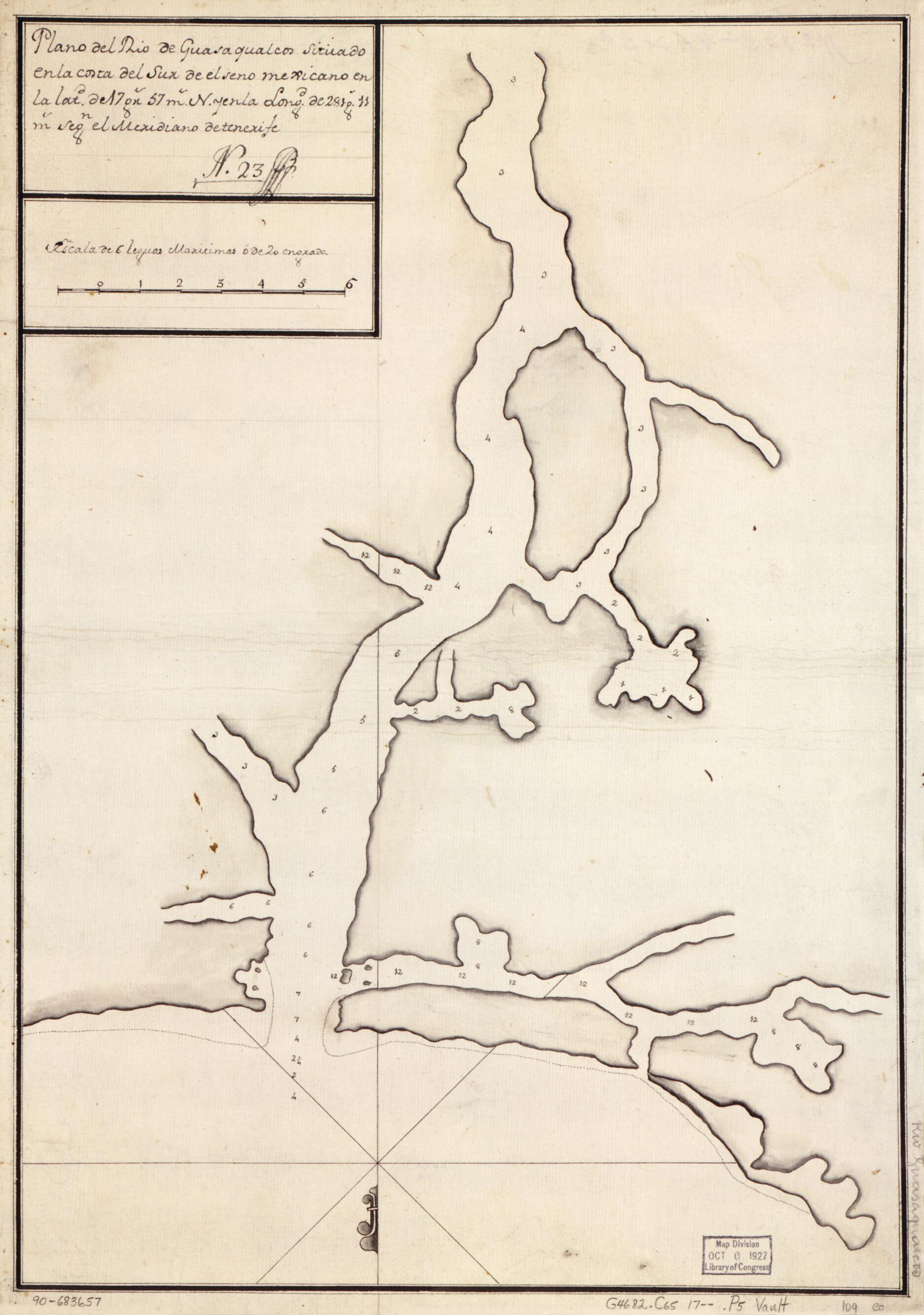 This old map of Plano Del Río Guasaqualcos Situado En La Costa Del Sur De El Seno Mexicano En La Latd. De 17 Gr. 57 M. N. Y En La Longd. De 281 G. 11 M. Segn. El Meridiano De Tenerife from 1700 was created by  in 1700