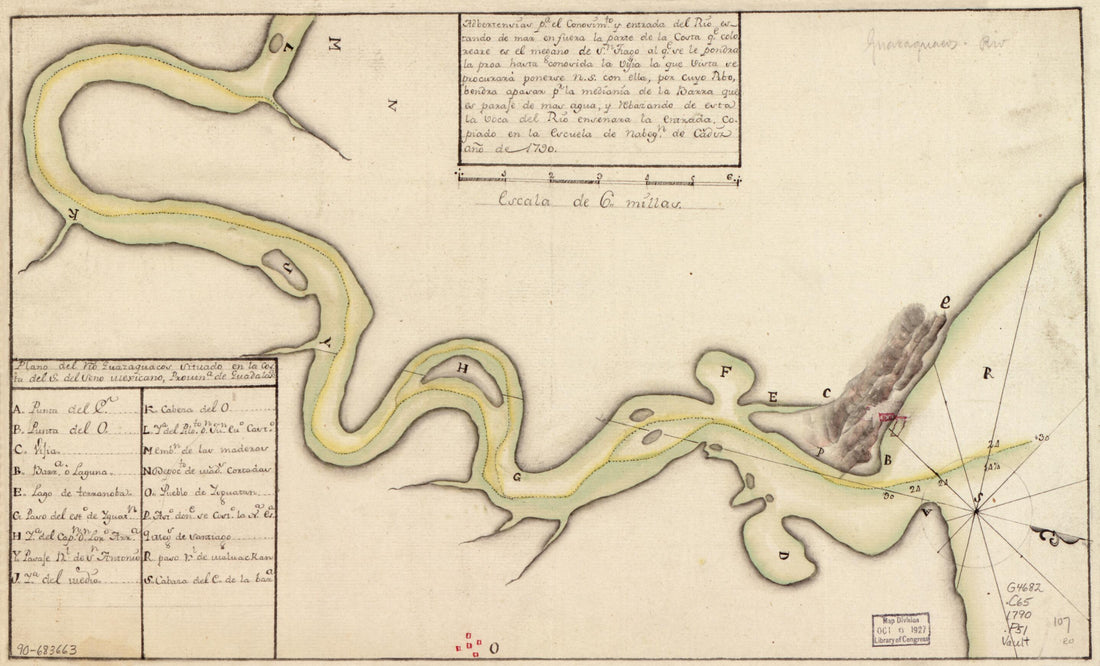 This old map of Plano Del Río Guazaquacos Situado En La Costa Del S. Del Seno Mexicano, Provina. De Guadalapa from 1790 was created by  in 1790